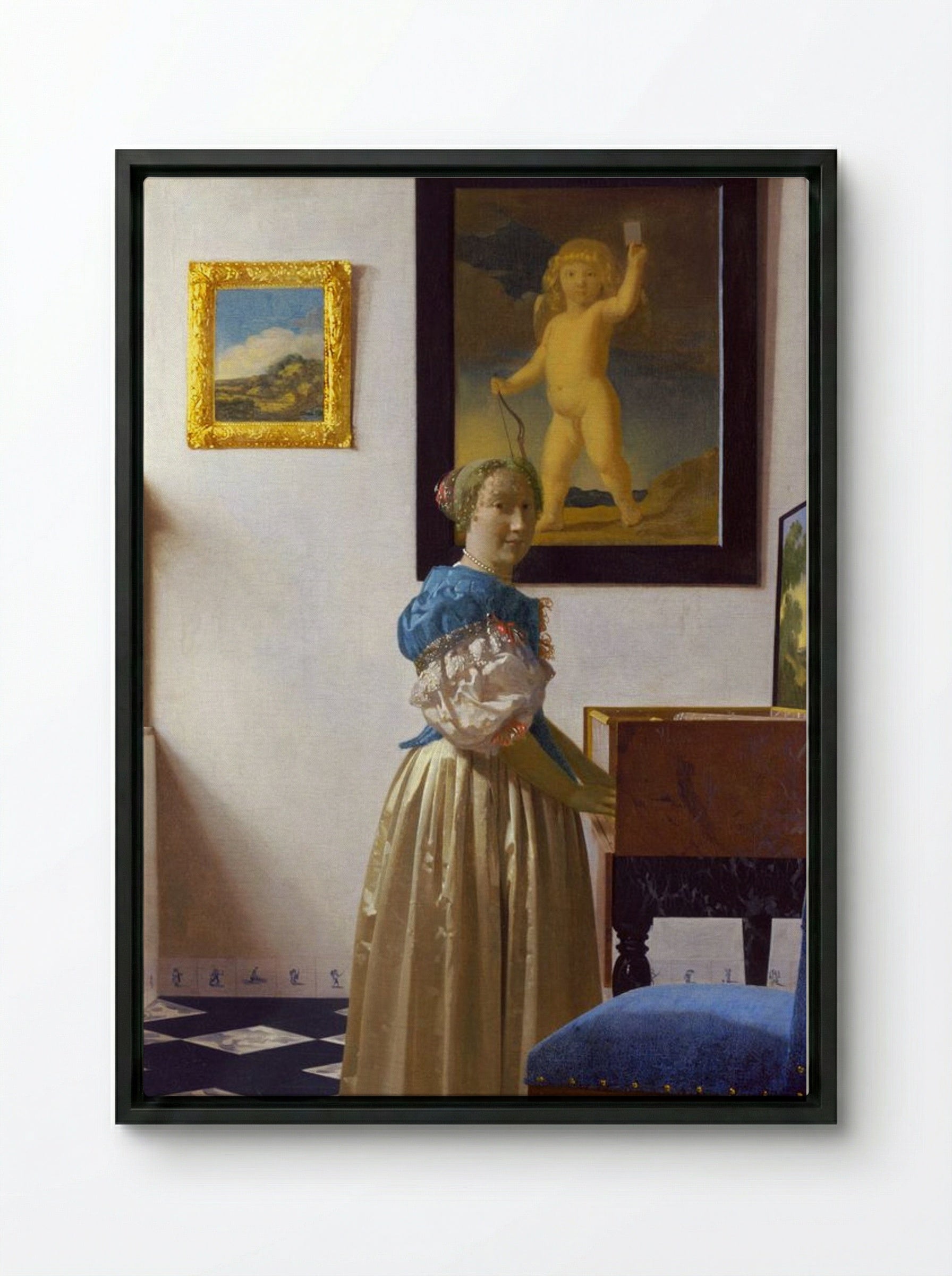 Lady Standing at a Virginal - Johannes Vermeer - Framed Canvas Black