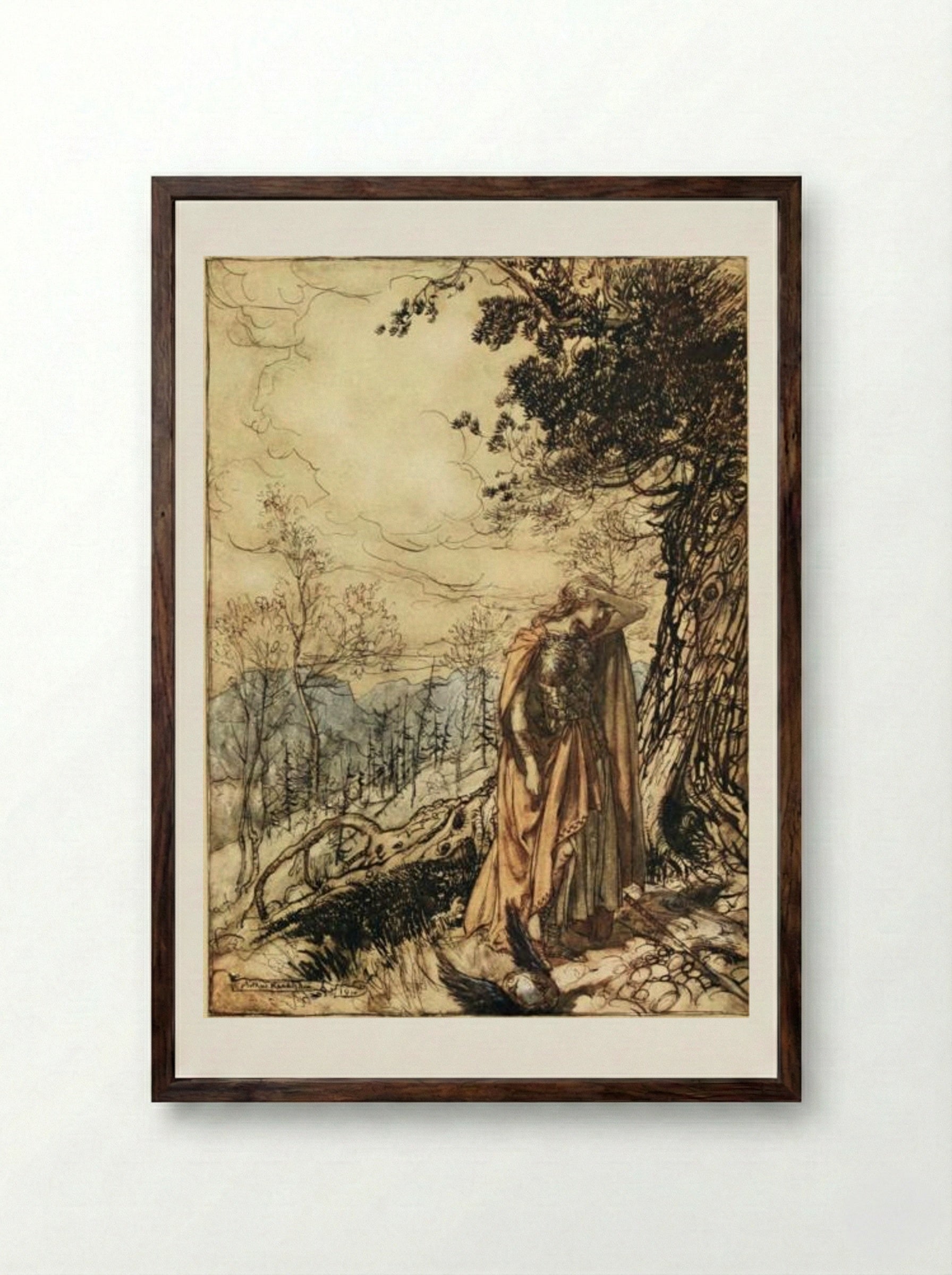 Brünnhilde stands for a long time dazed and alarmed - Arthur Rackham - Framed Print Dark Wood