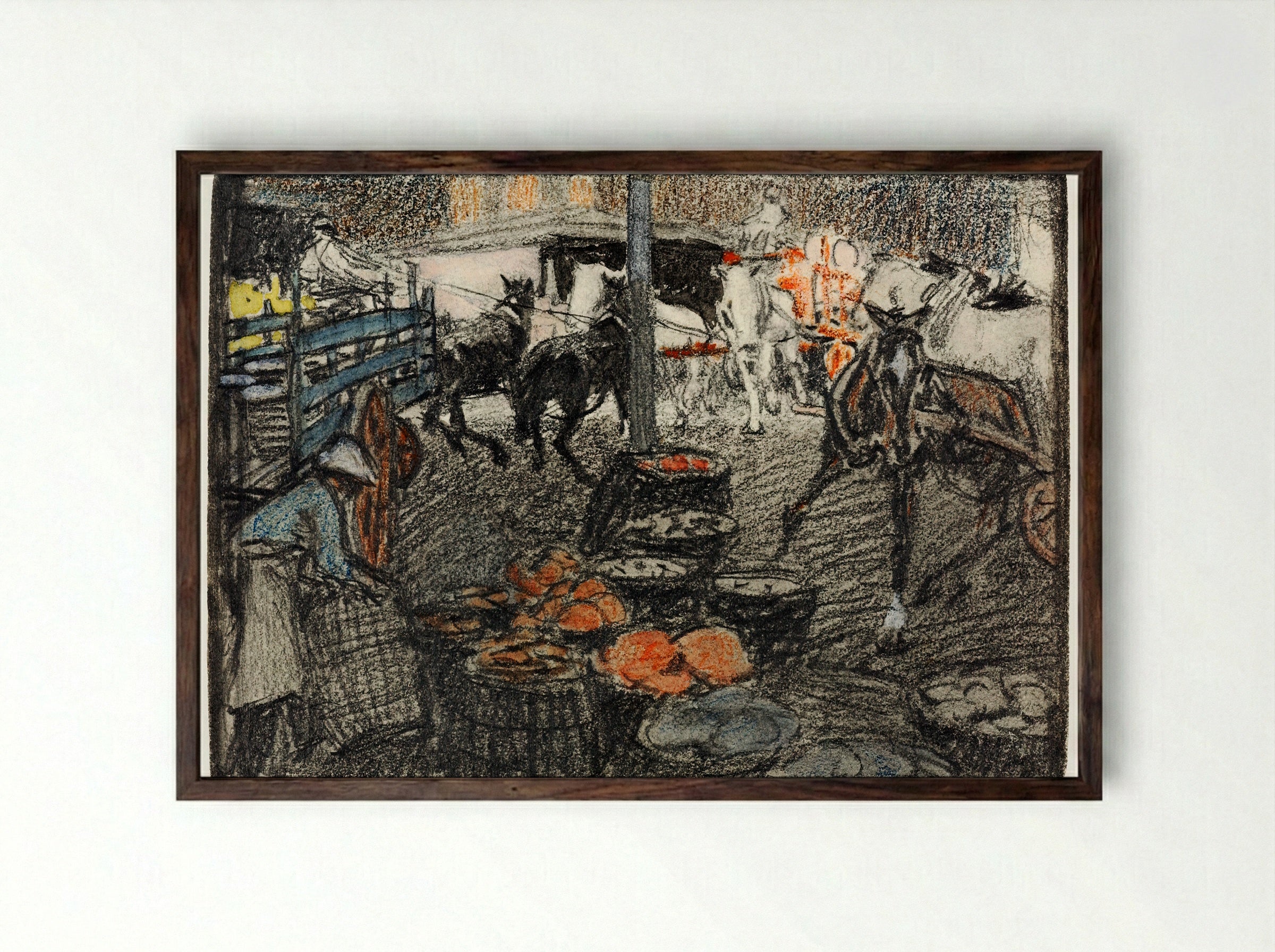 A Busy Market Scene - Edward Penfield - Framed Print Dark Wood