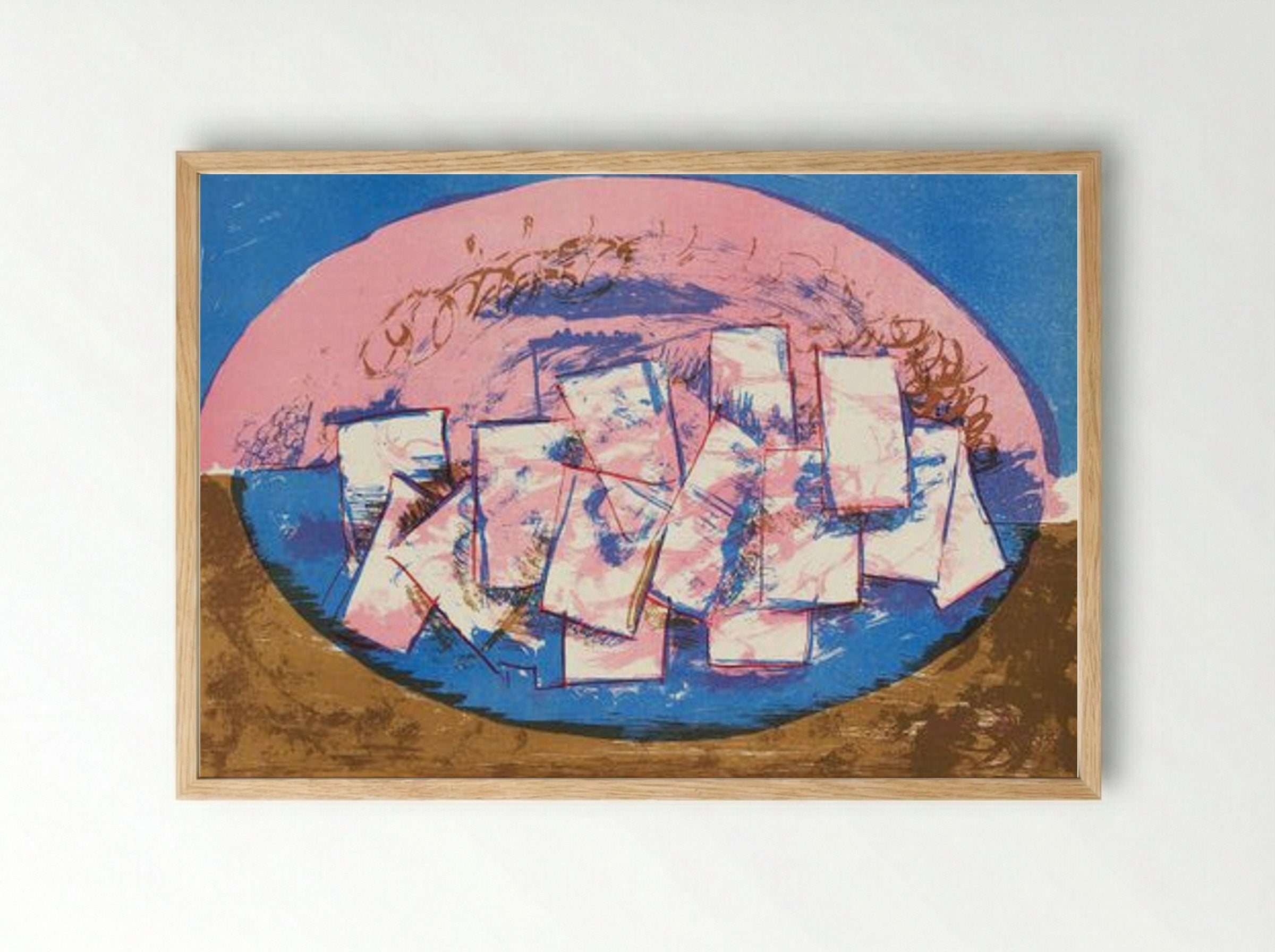 Blue and Pink Ellipse with Squares on Brown and Blue Background - Vilhelm Lundstrøm - Framed Print Wood