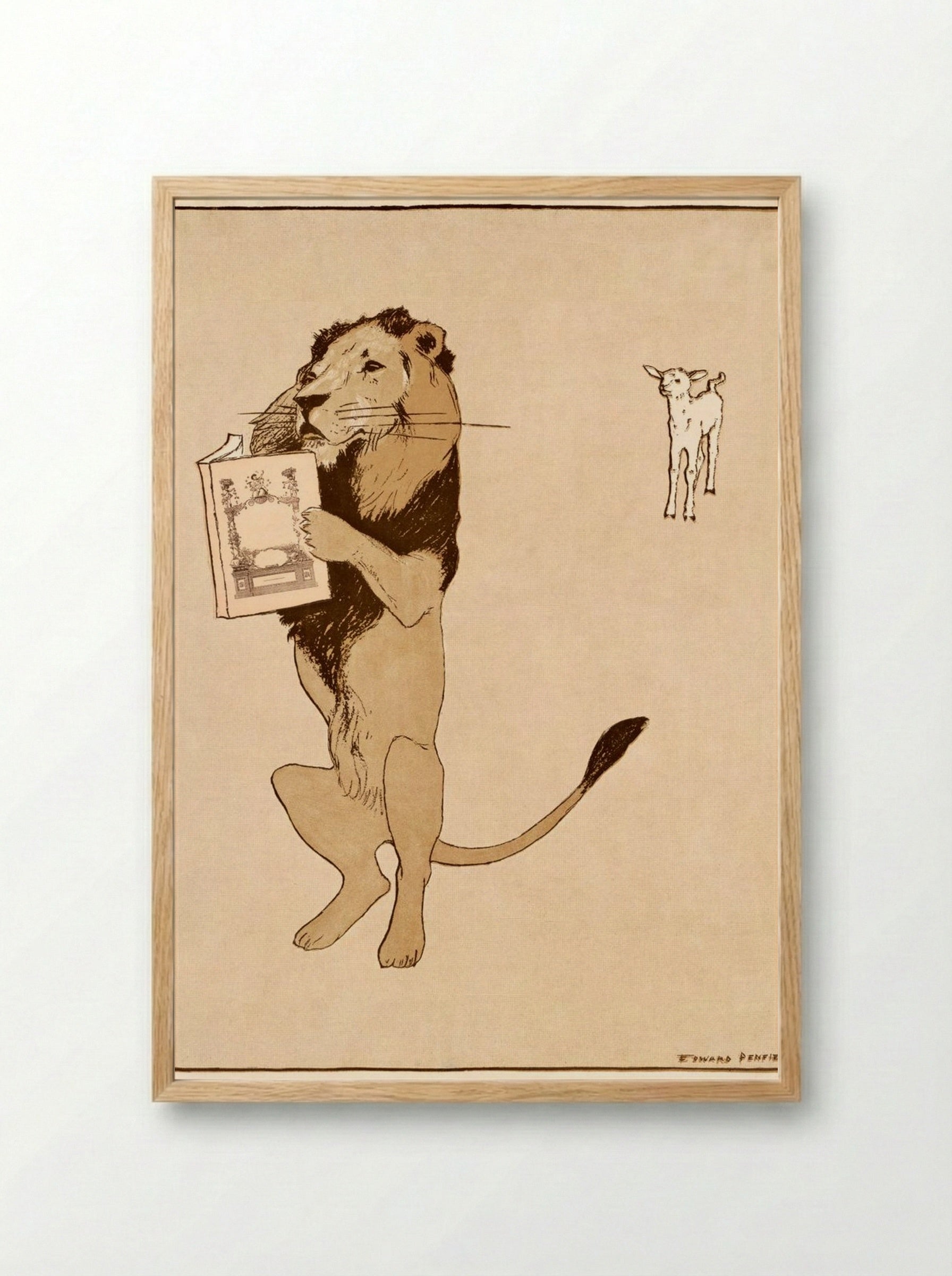 The Lion and the Book - Edward Penfield - Framed Print Wood