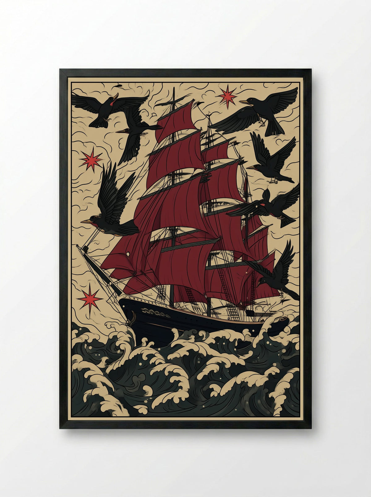Tall Ship in Stormy Seas - Nautical Tattoo Inspired Print - Framed Print Black