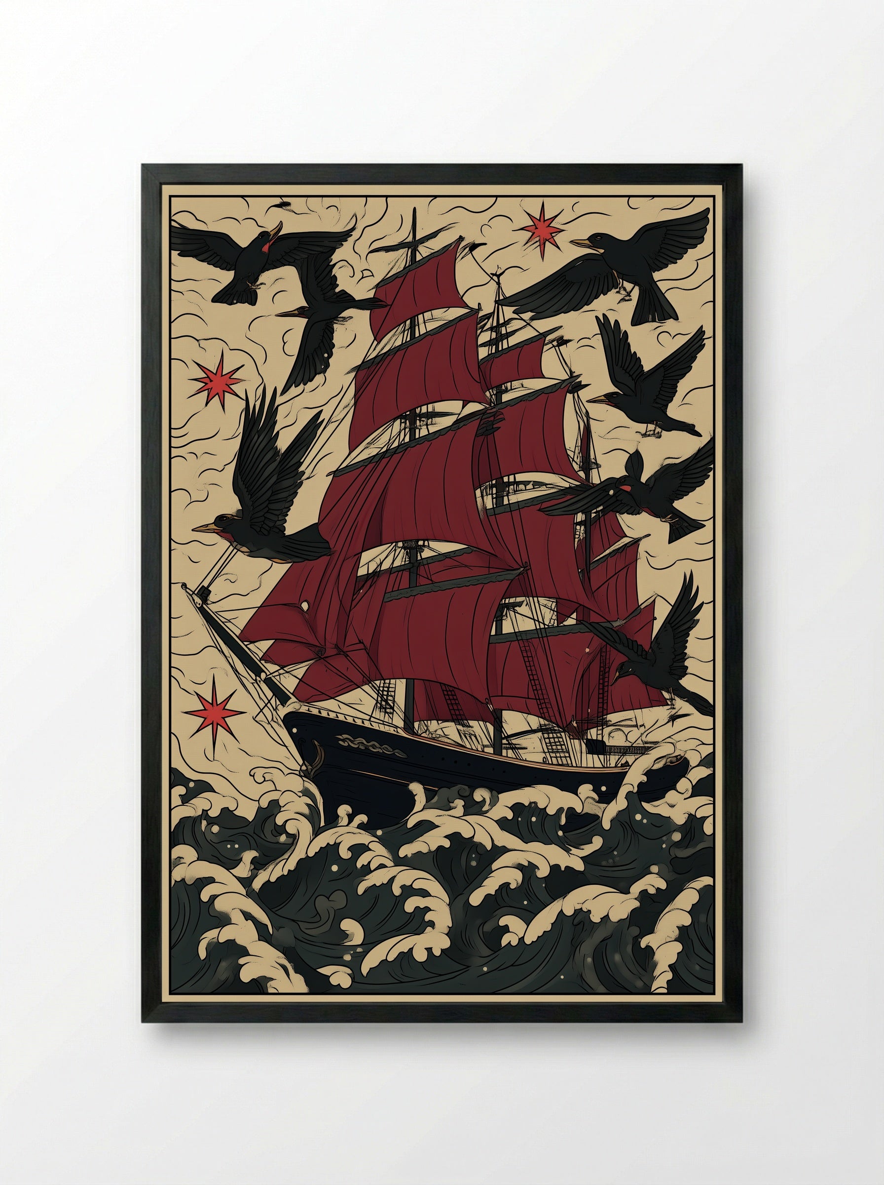 Tall Ship in Stormy Seas - Nautical Tattoo Inspired Print - Framed Print Black