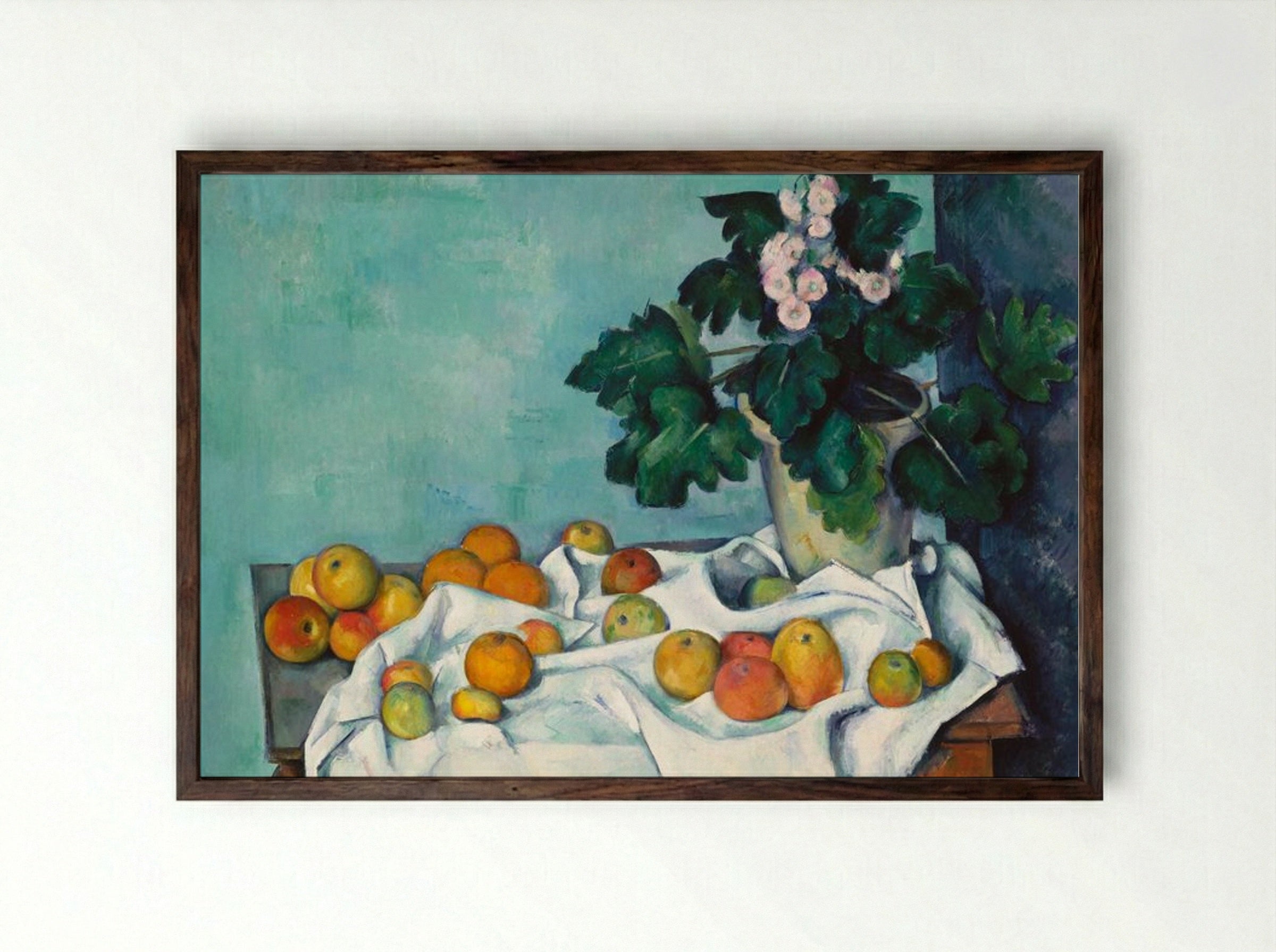 Still Life with Apples and a Pot of Primroses - Paul Cézanne - Framed Print Dark Wood