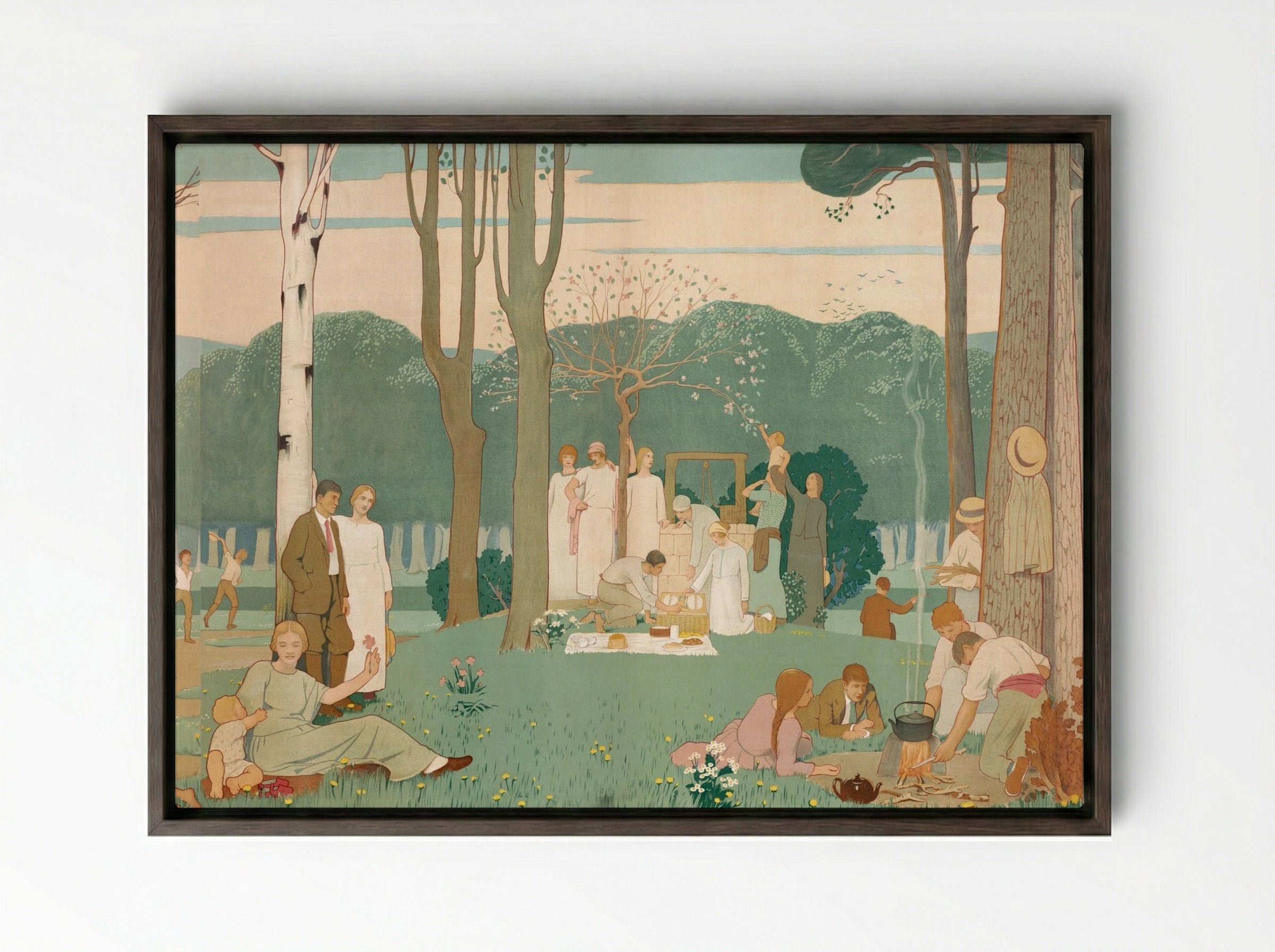 Men, Women, and Children at a Picnic in the Park - Fine Art Print - Framed Canvas Dark Wood