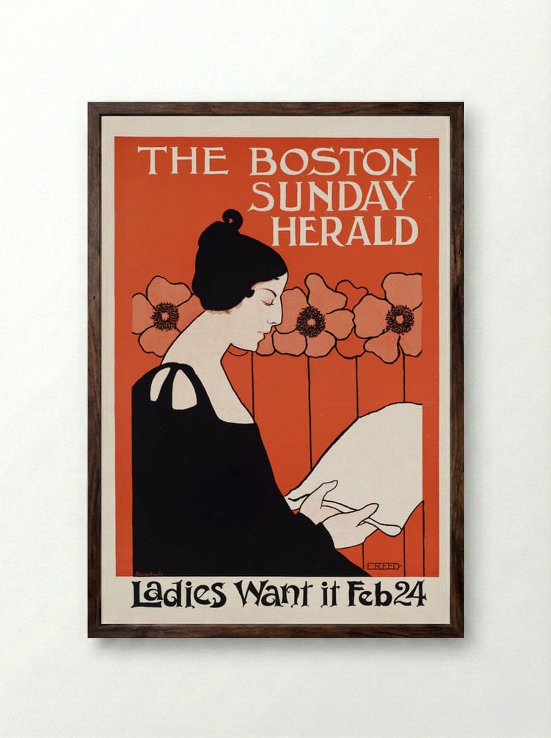 The Boston Sunday Herald, Ladies Want It Feb 24 - Ethel Reed - Framed Print Dark Wood