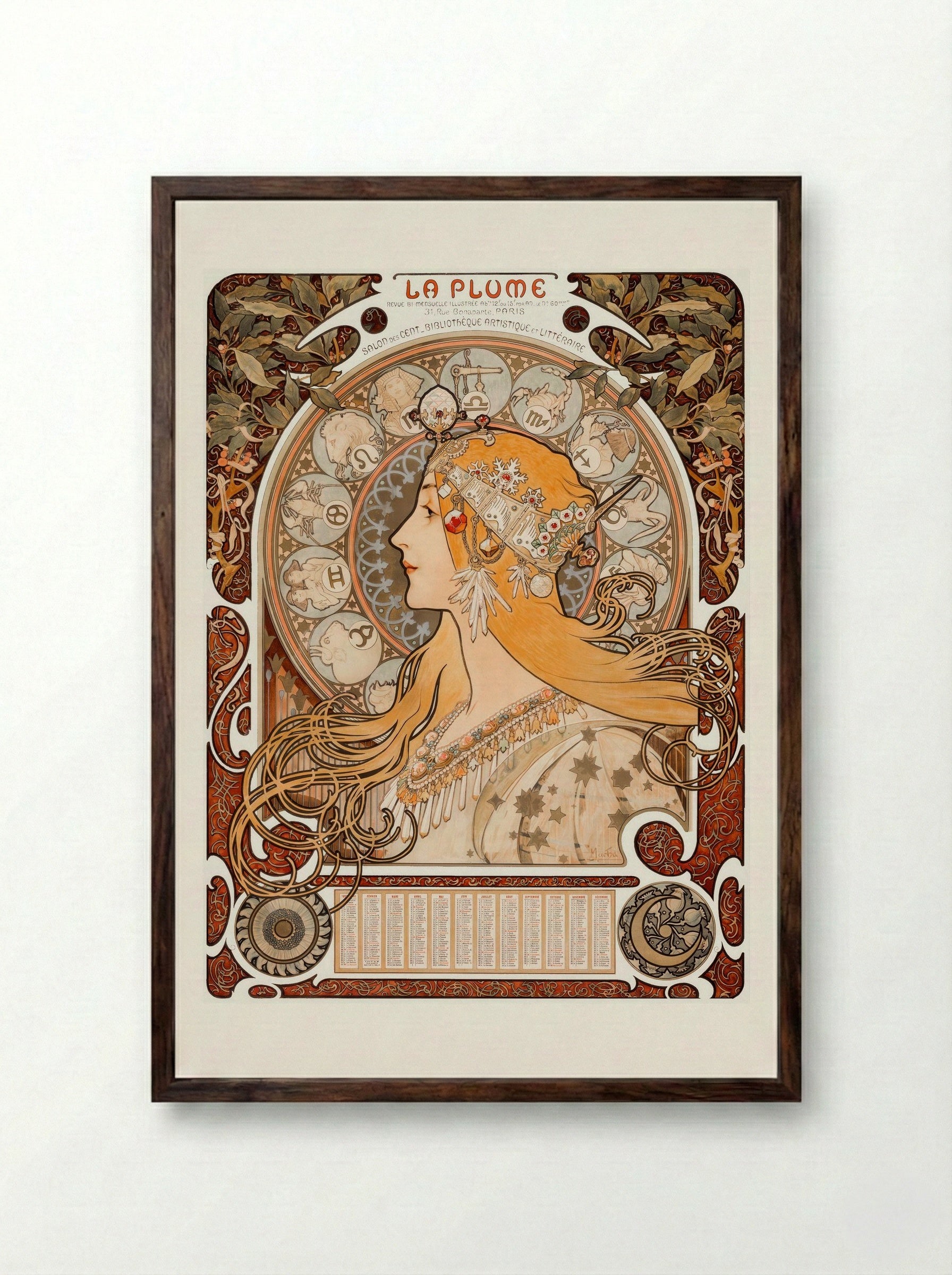 Zodiaque (La Plume) - Alphonse Mucha - Framed Print Dark Wood