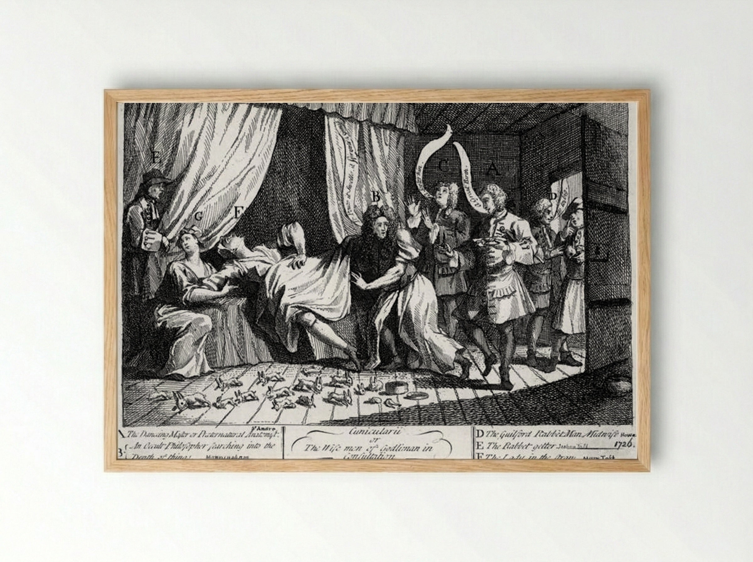 Mary Toft, apparently giving birth to rabbits - William Hogarth - Framed Print Wood