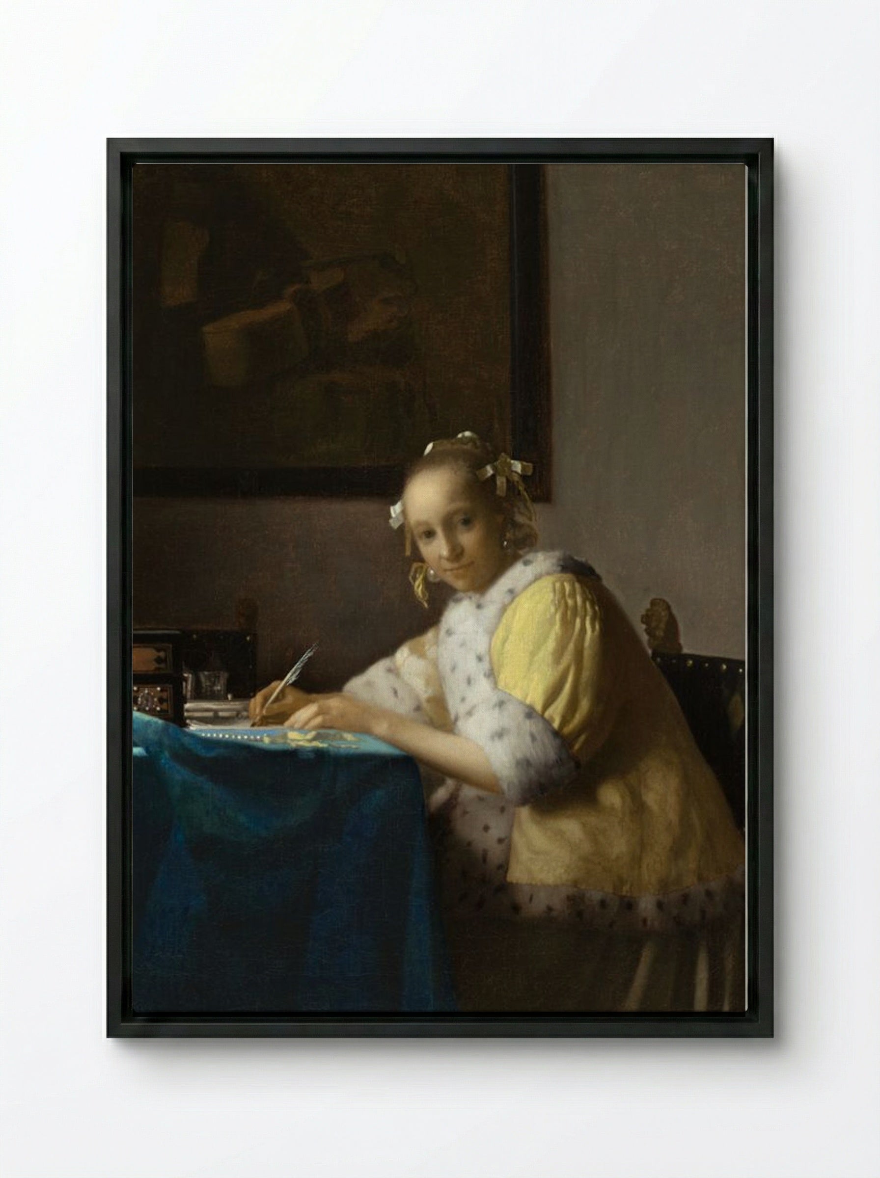 A Lady Writing a Letter - Johannes Vermeer - Framed Canvas Black