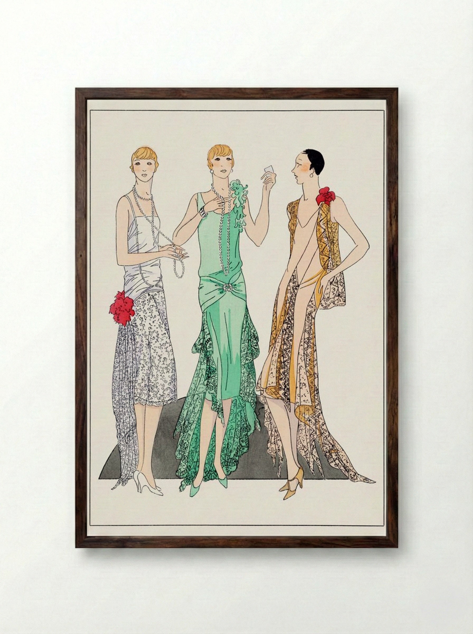 Three Evening Dresses with Lace - V. Racine - Framed Print Dark Wood