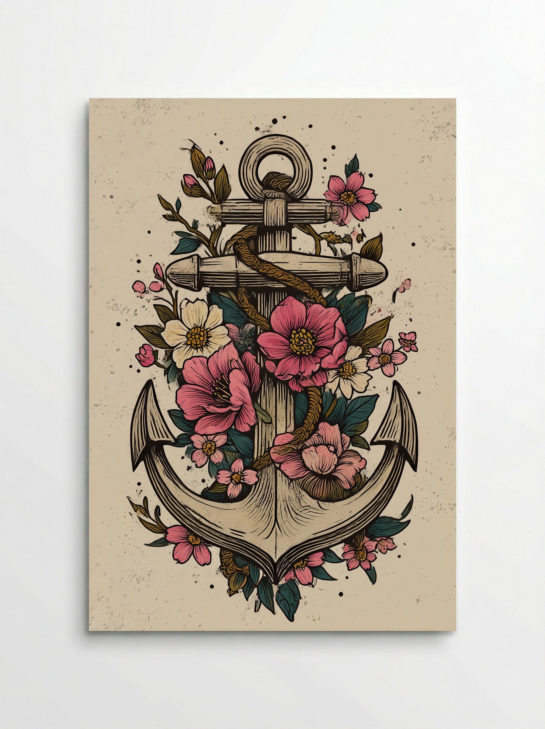 Anchor Wrapped in Vines & Flowers - Neo Traditional Art Print - Poster