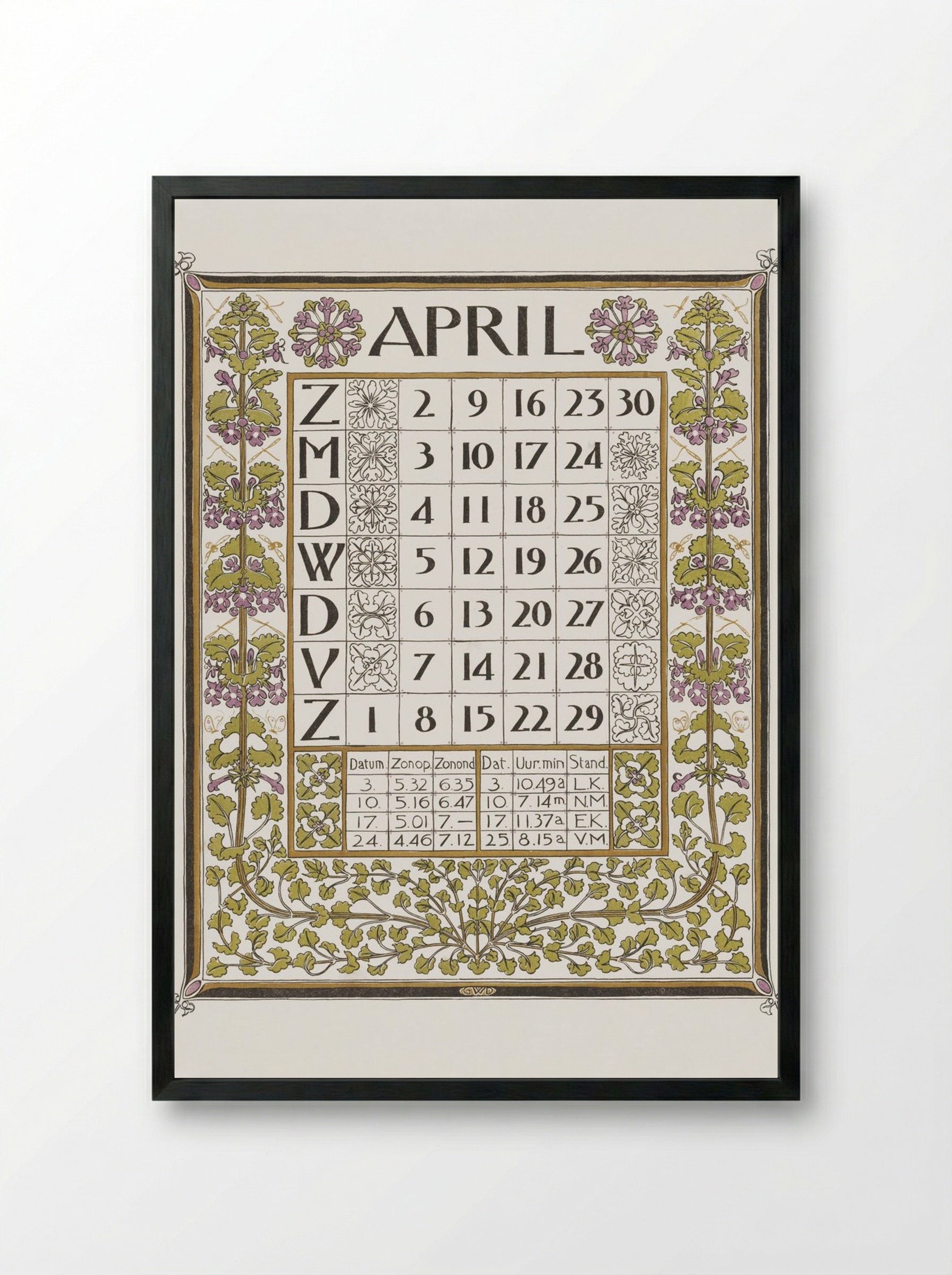 Calendar for April 1899 - Gerrit Willem Dijsselhof - Framed Print Black