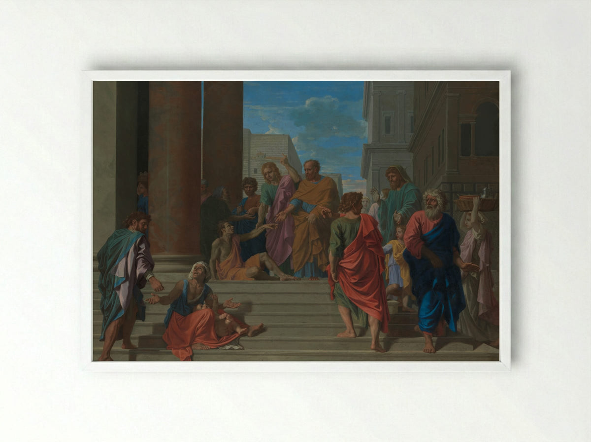 Saints Peter and John Healing the Lame Man - Nicolas Poussin - Framed Print White