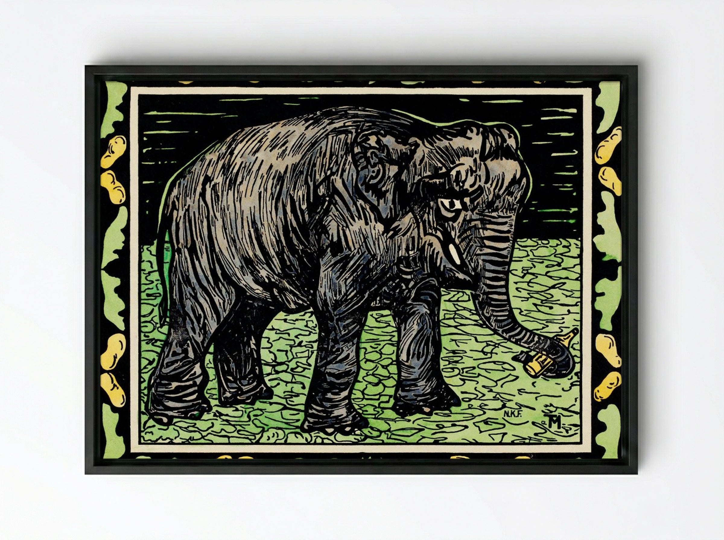 Olifant met fles (Elephant with Bottle) - Theo van Hoytema - Framed Canvas Black