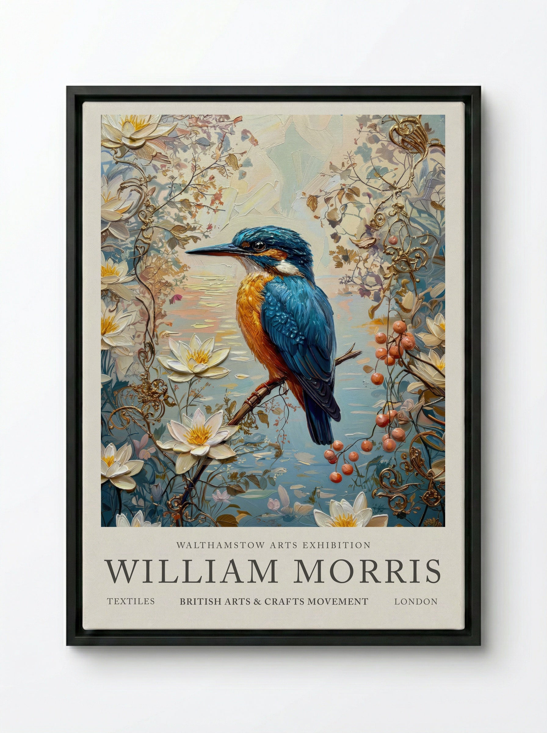 Kingfisher Calm - William Morris - Framed Canvas Black