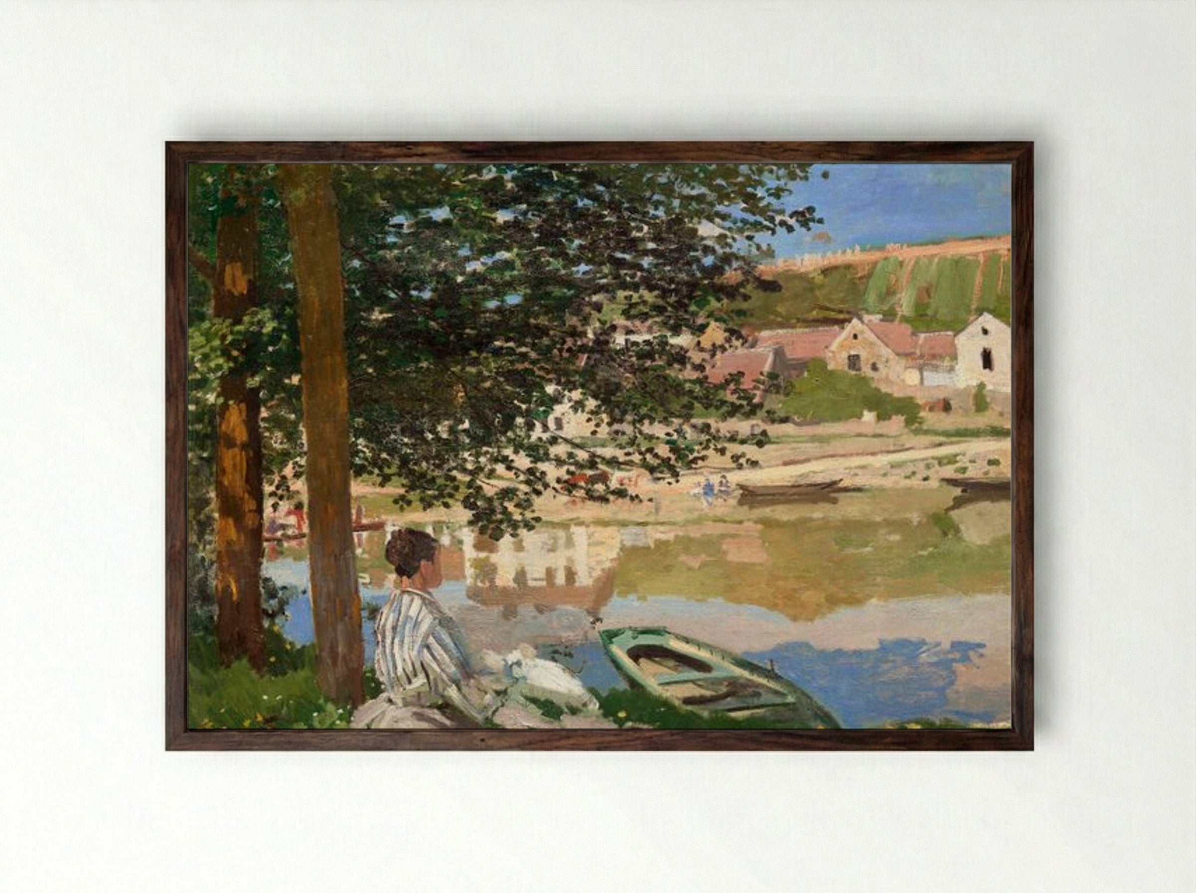 On the Bank of the Seine, Bennecourt - Claude Monet - Framed Print Dark Wood