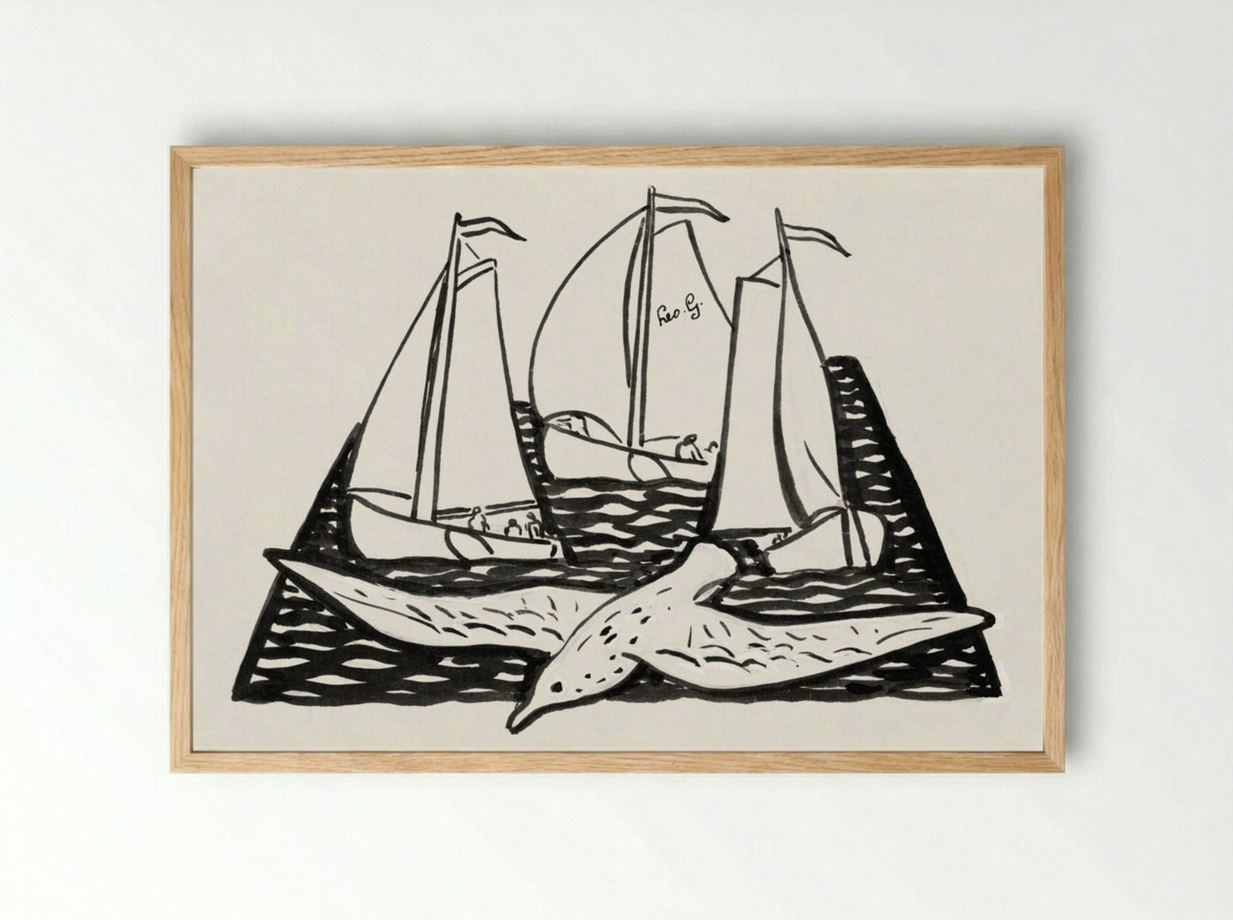 Three Sailing Ships and a Seagull - Leo Gestel - Framed Print Wood