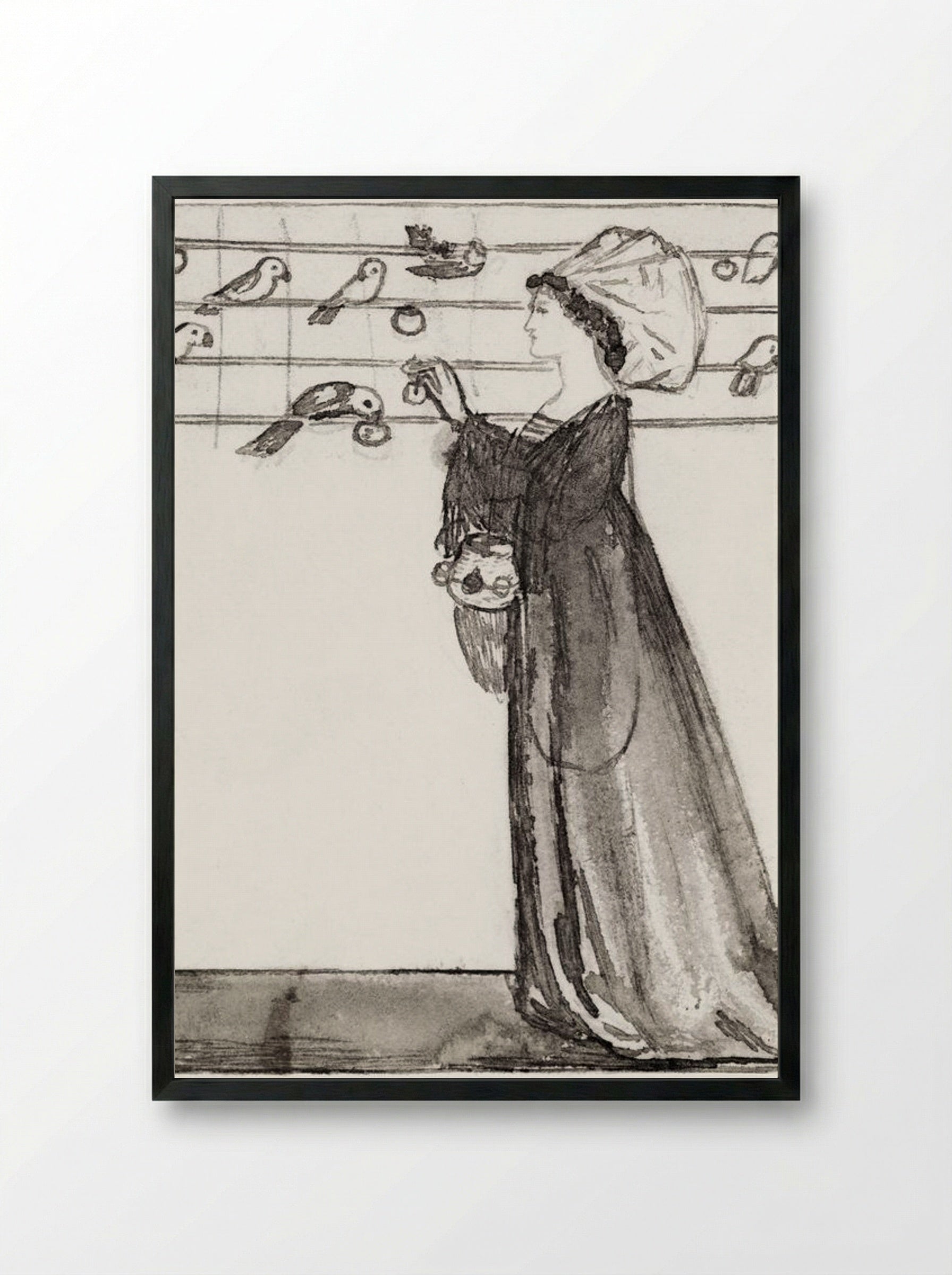 Study of a Lady Feeding Parrots - Edward Burne-Jones - Framed Print Black