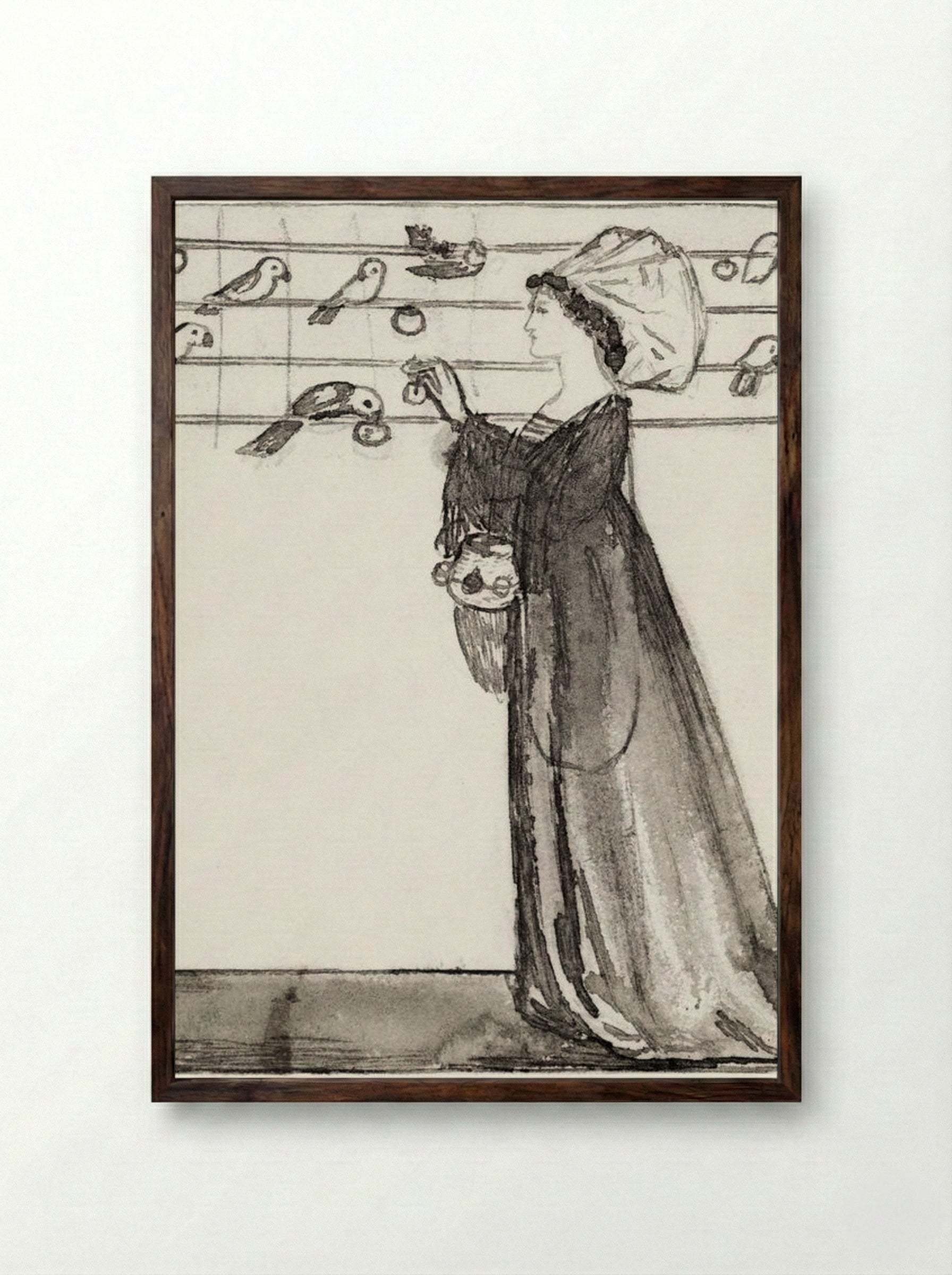 Study of a Lady Feeding Parrots - Edward Burne-Jones - Framed Print Dark Wood