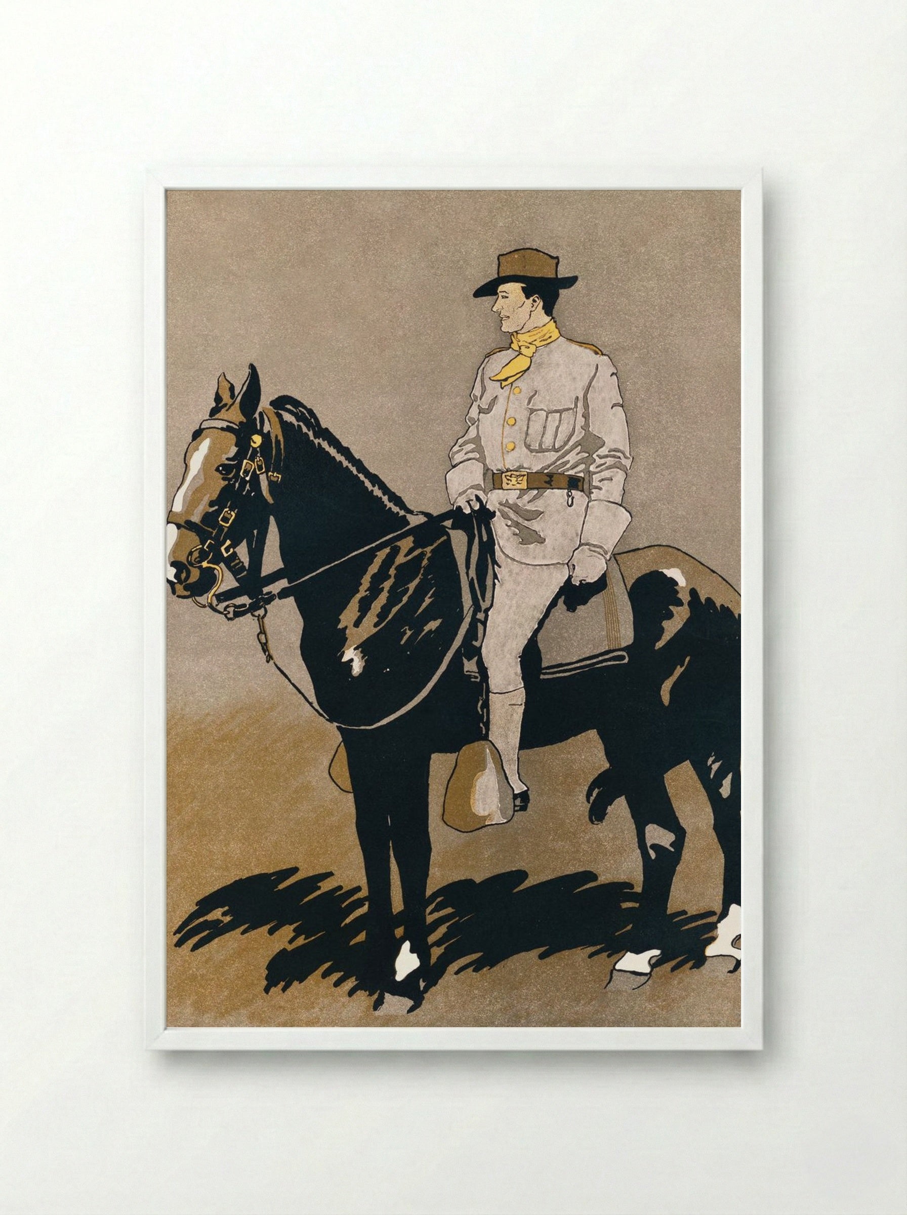Soldier Riding a Horse - Edward Penfield - Framed Print White
