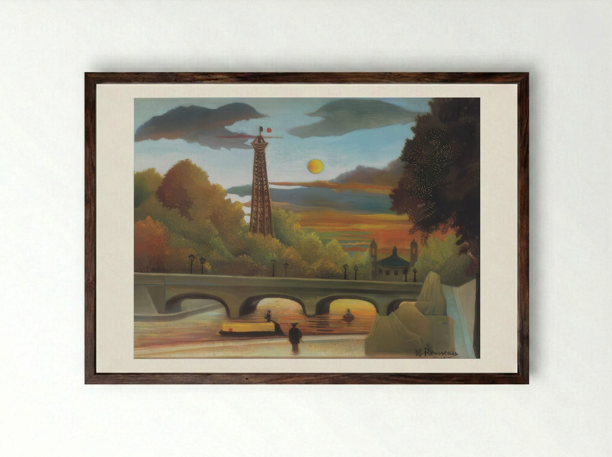 The Seine and the Eiffel Tower in the Sunset by Henri Rousseau – Naïve Art Paris Landscape Print - Framed Print Dark Wood