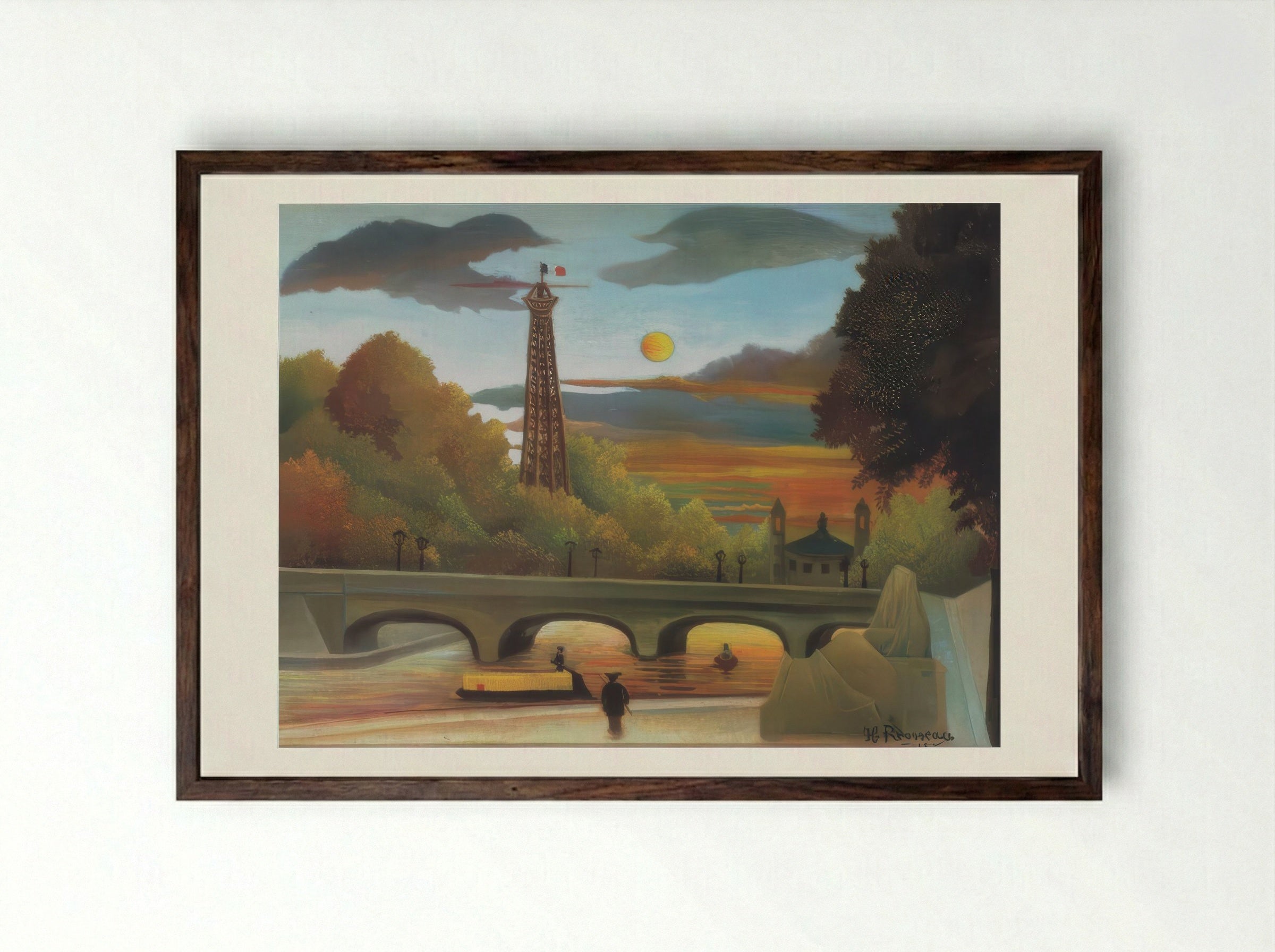The Seine and the Eiffel Tower in the Sunset by Henri Rousseau – Naïve Art Paris Landscape Print - Framed Print Dark Wood