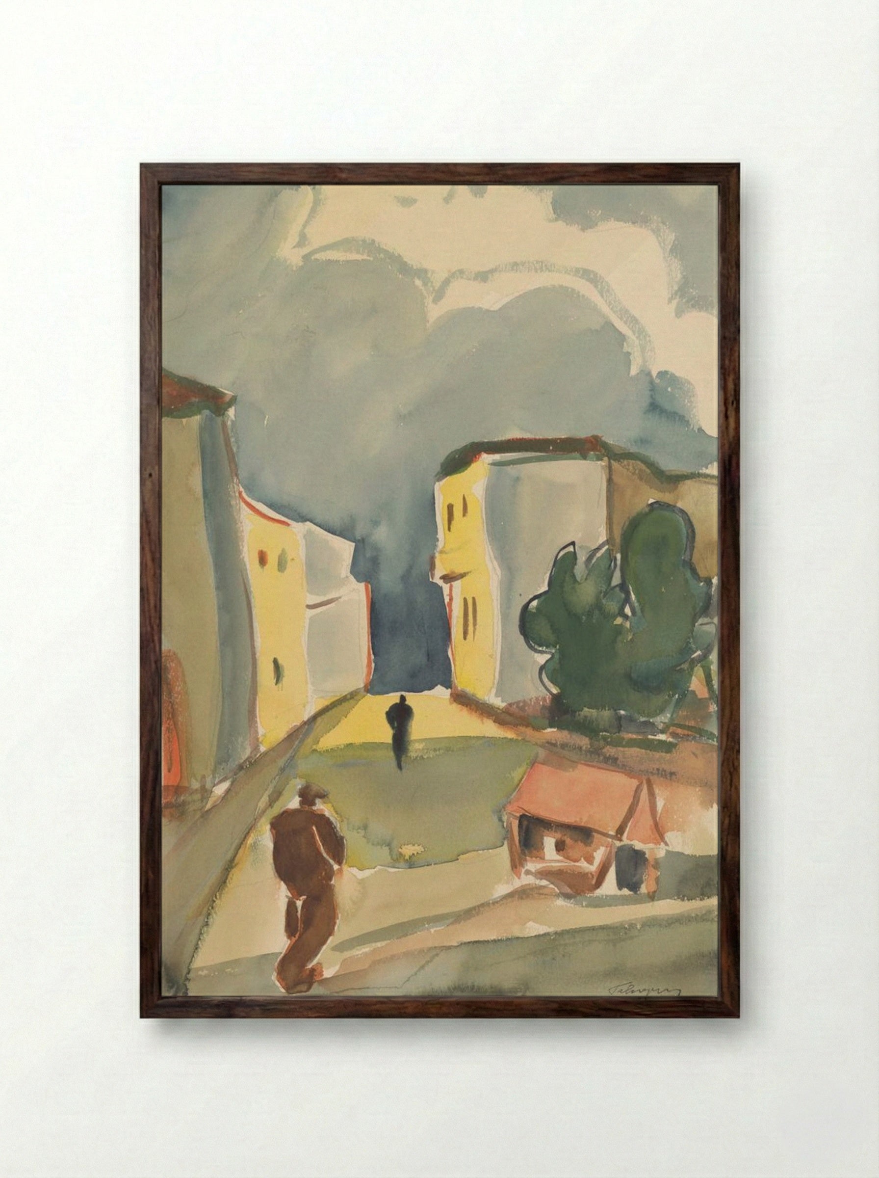 Two Pedestrians in a Townscape - Zolo Palugyay - Framed Print Dark Wood