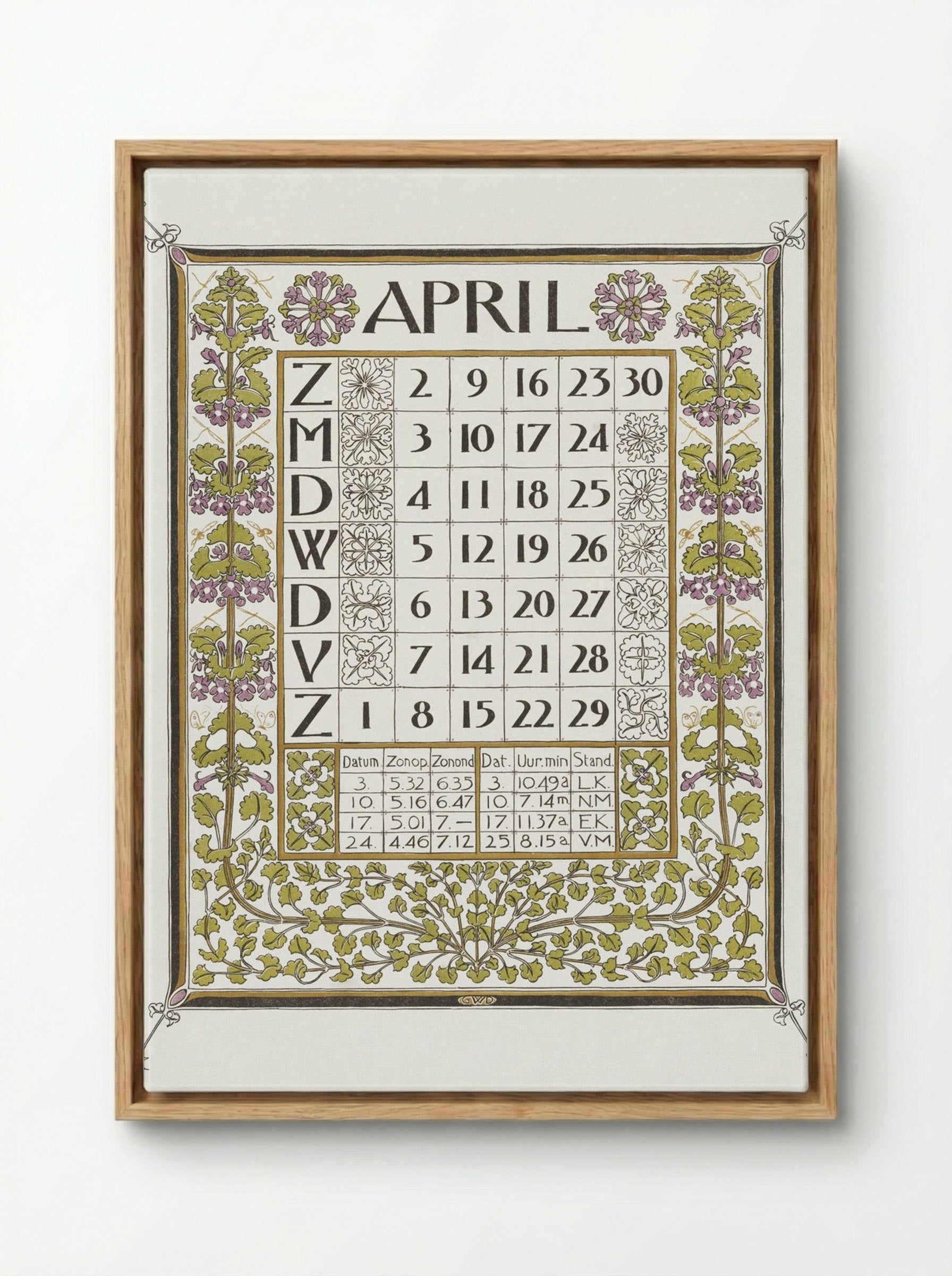 Calendar for April 1899 - Gerrit Willem Dijsselhof - Framed Canvas Wood