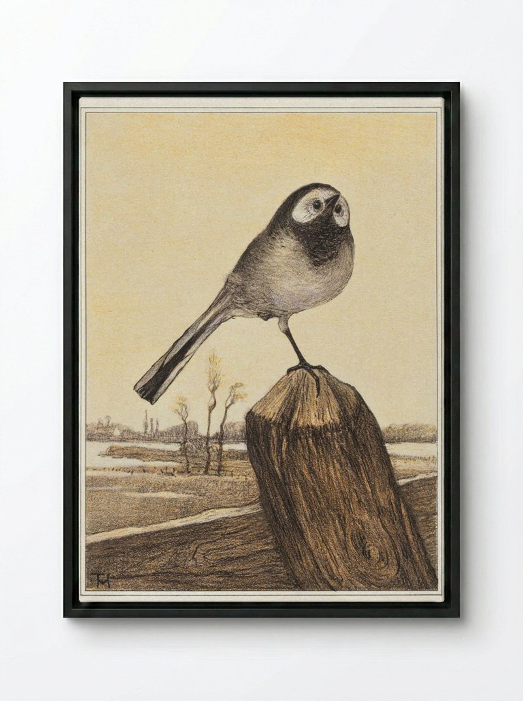 Kwikstaart op paal (Wagtail on a Post) - Theo van Hoytema - Framed Canvas Black