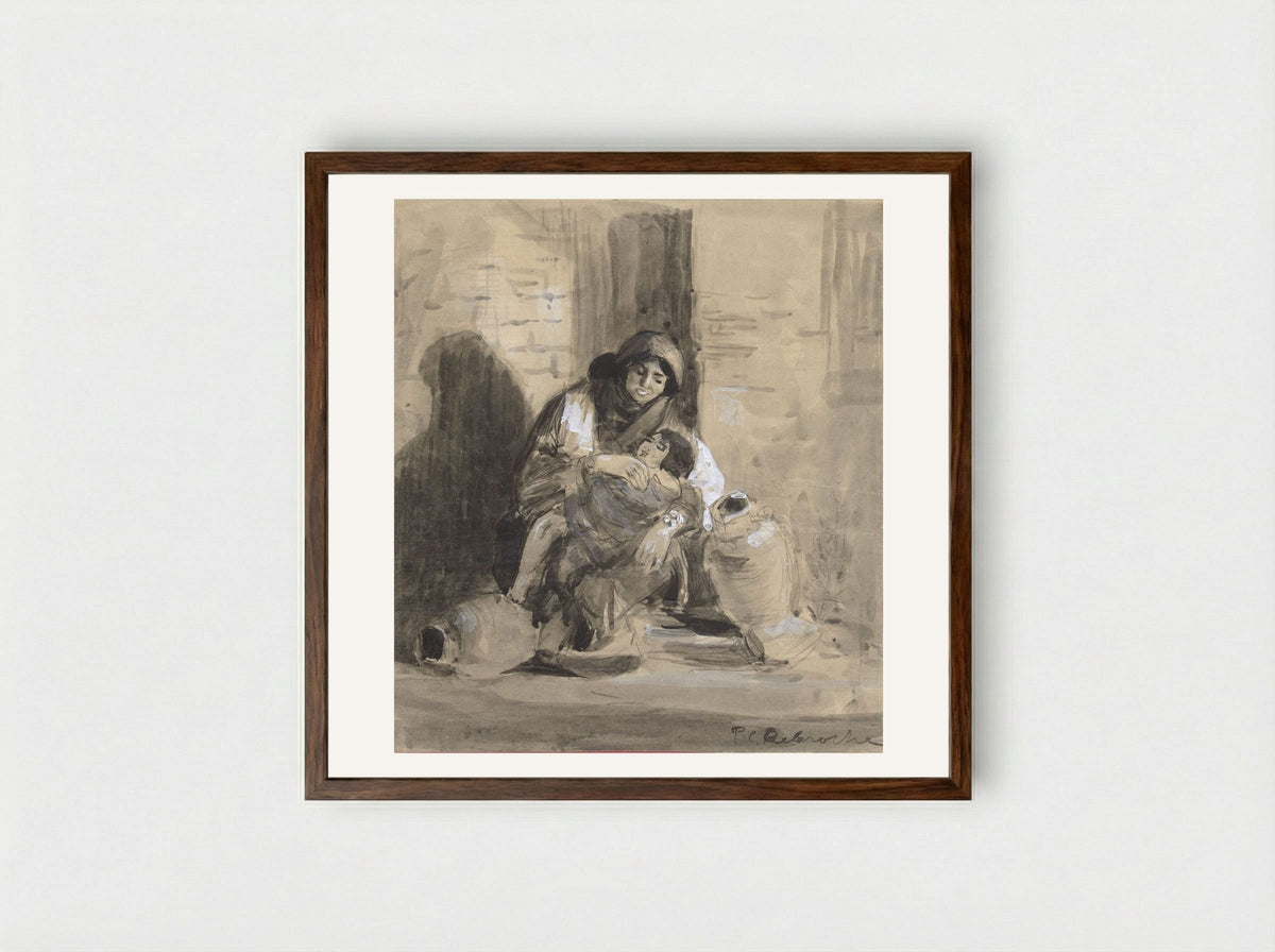 Seated Jewish Woman from Gaza, with her Child and Two Large Pitchers - Paul Delaroche - Framed Print Dark Wood