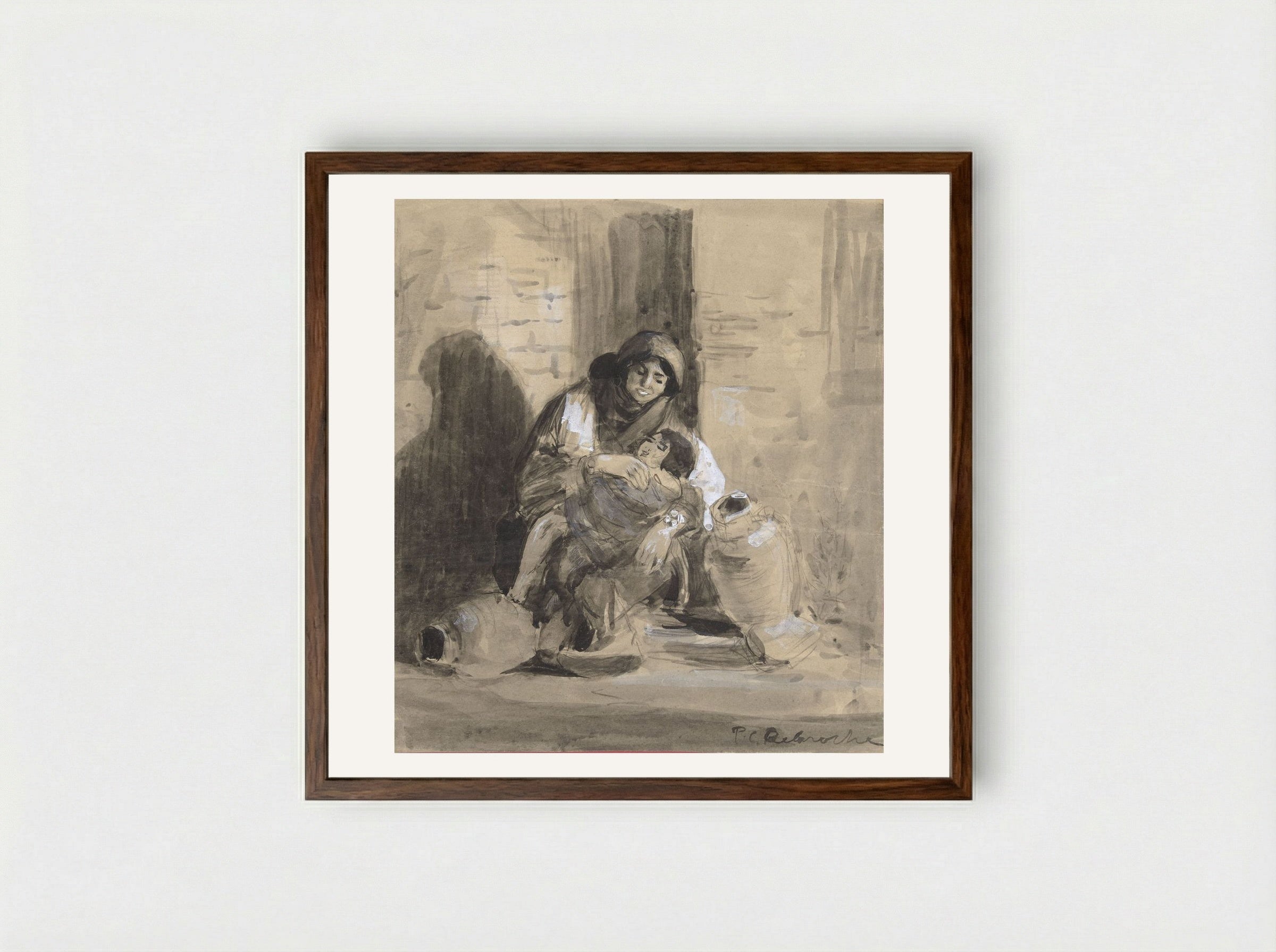 Seated Jewish Woman from Gaza, with her Child and Two Large Pitchers - Paul Delaroche - Framed Print Dark Wood