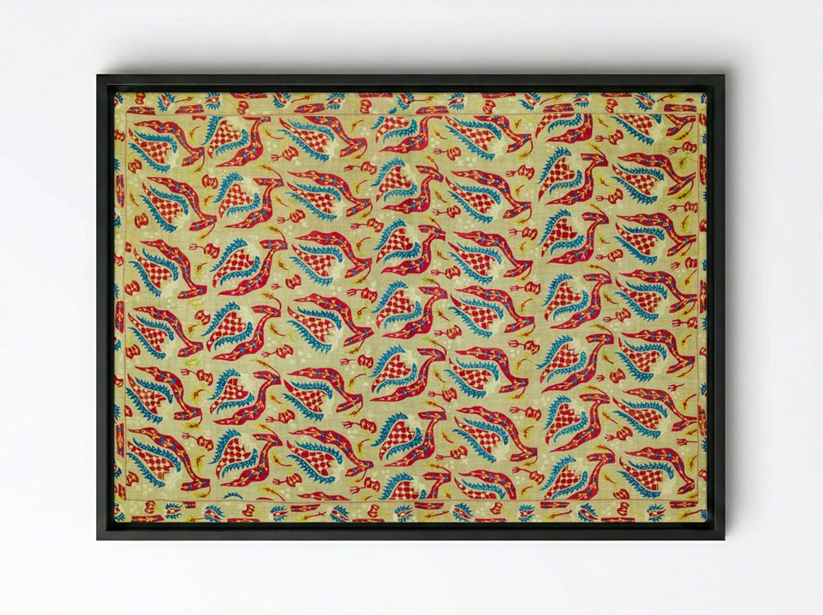 Turkish Bed Cover Pattern with Flowers and Leaves - William Morris - Framed Canvas Black