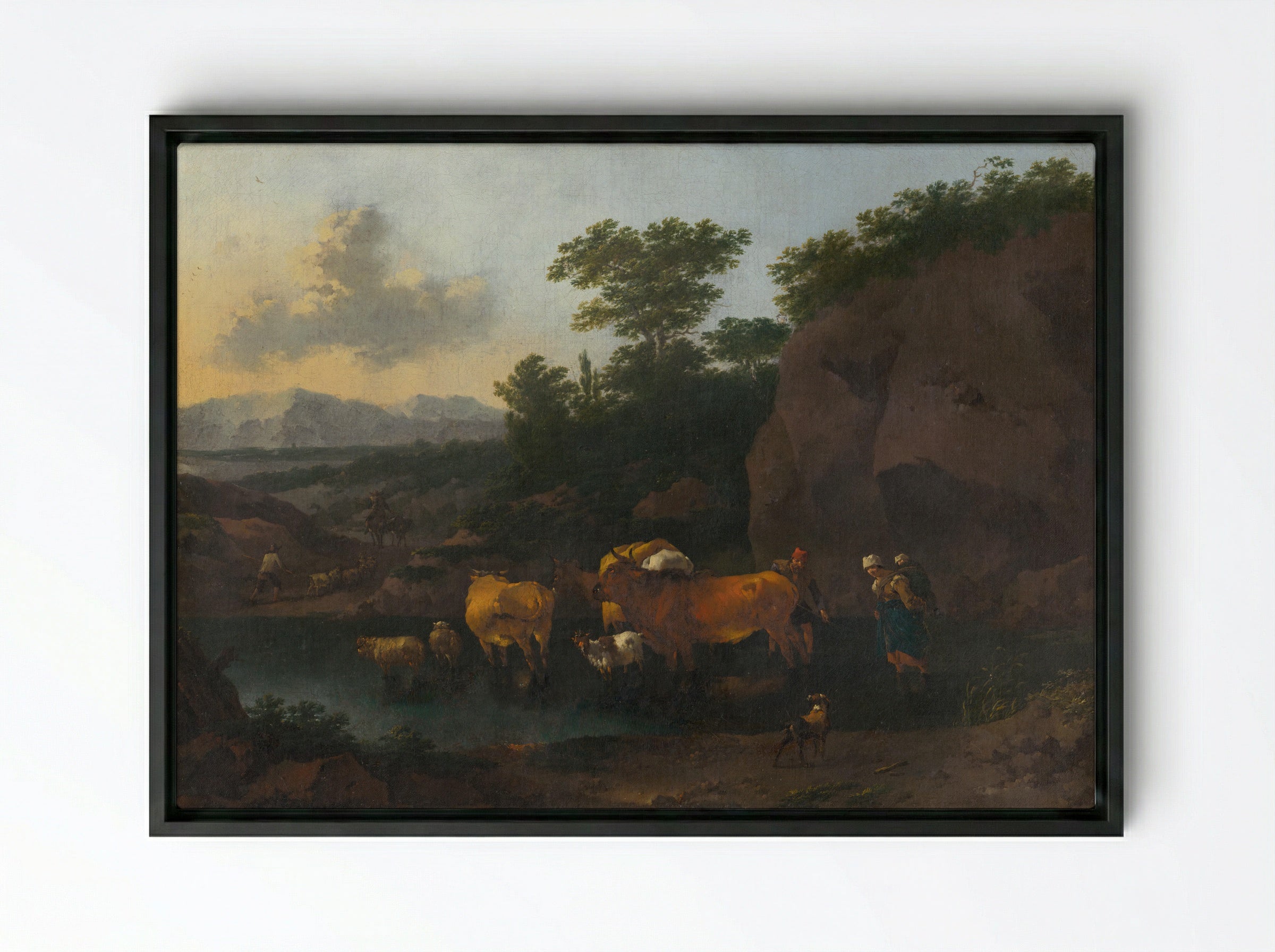 Italianate Landscape with Cattle Ford - Pieter van Bloemen - Framed Canvas Black