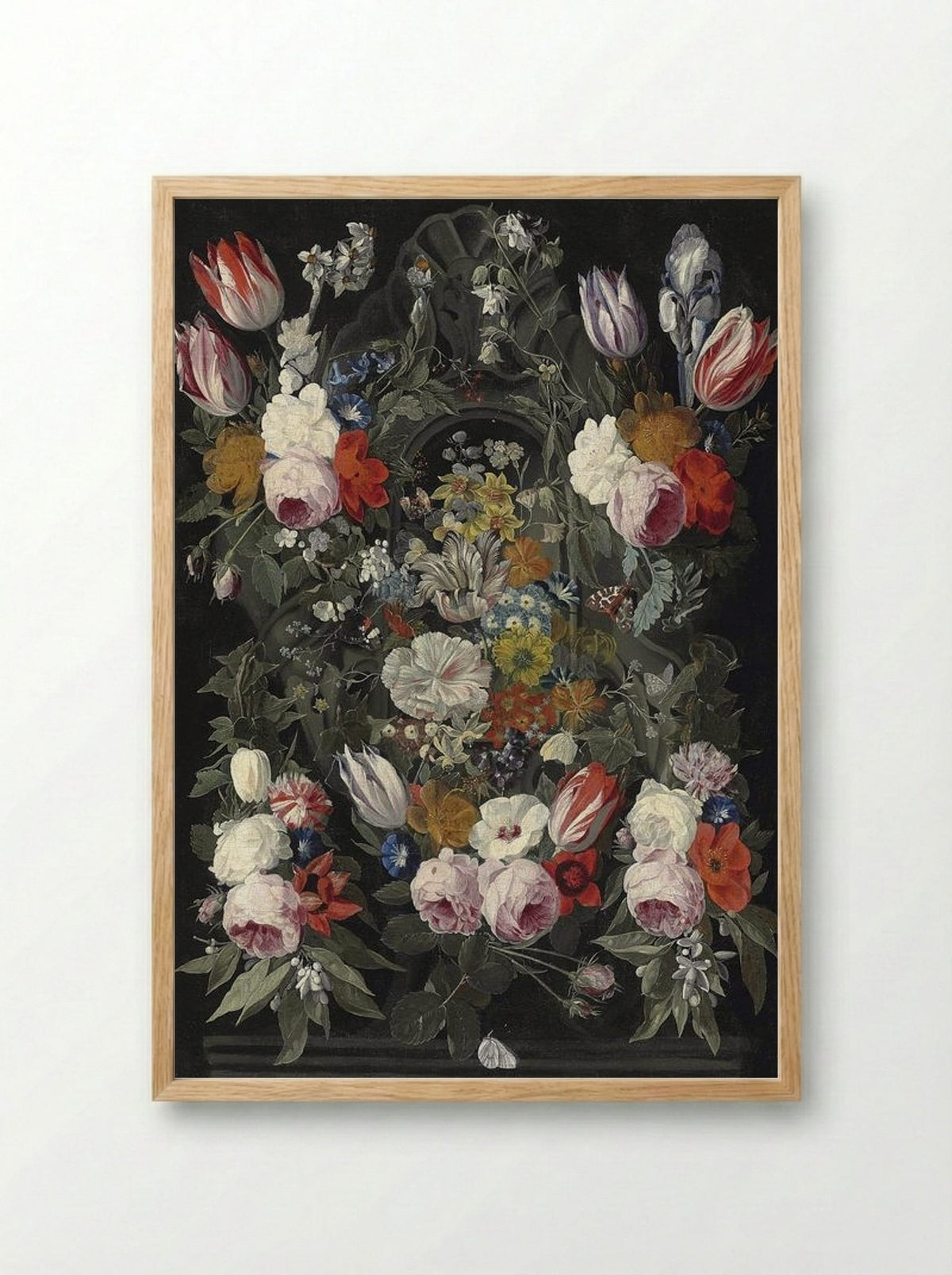Flowers and Butterflies in Front of a Sculpted Cartouche - Jan van Kessel the Elder - Framed Print Wood