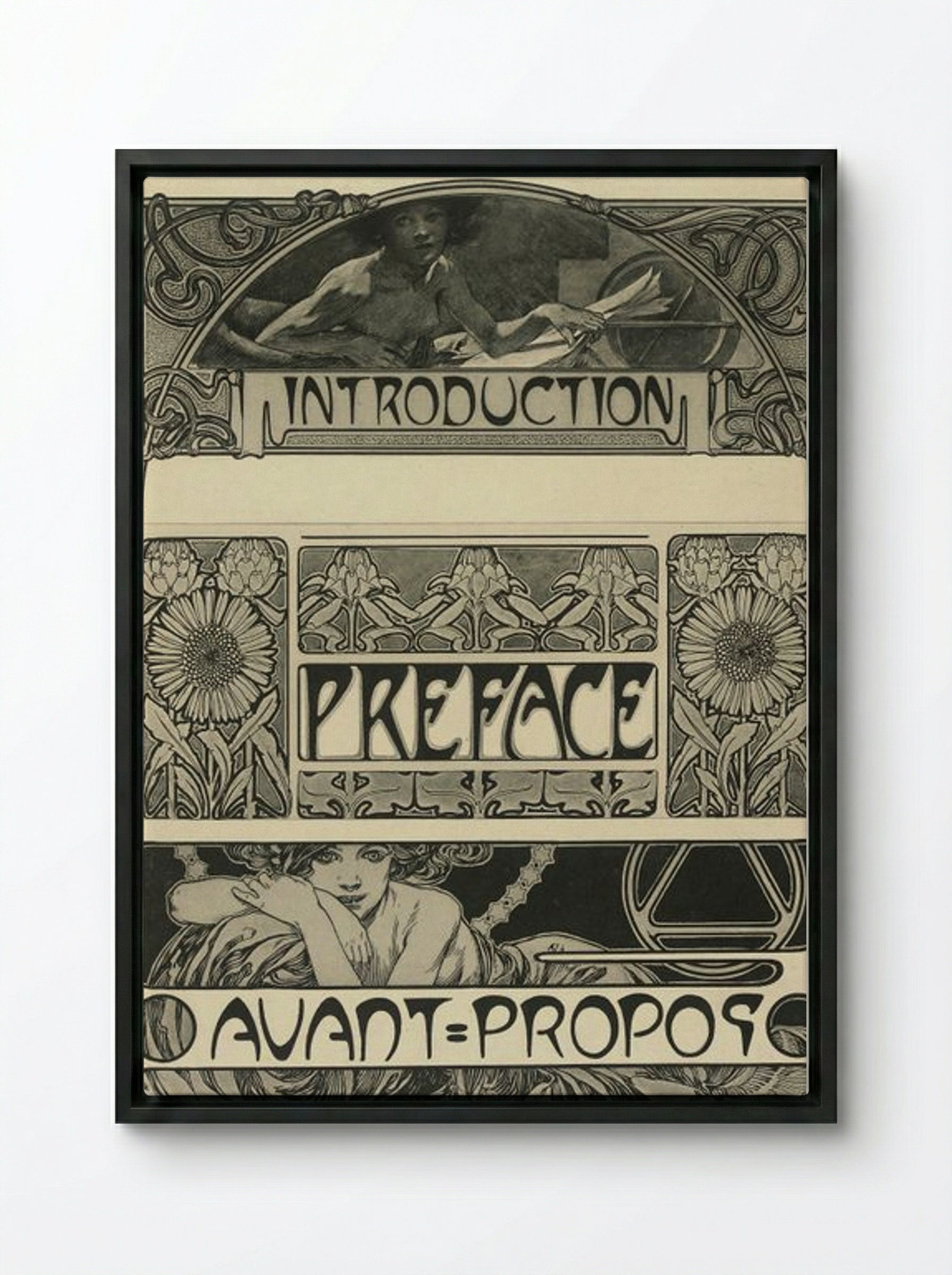 Page Design with Female Figures and Floral Motifs - Alphonse Mucha - Framed Canvas Black