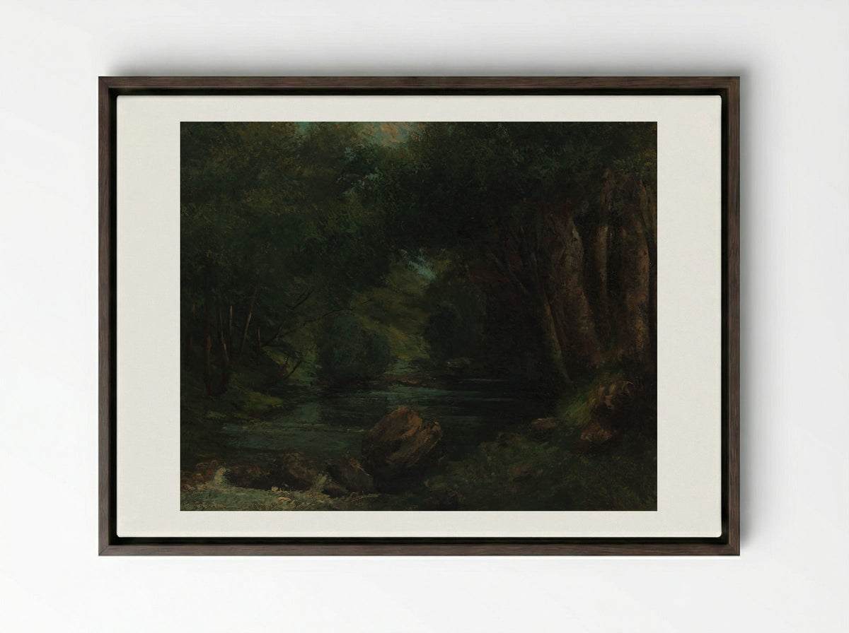 A Brook in the Forest - Gustave Courbet - Framed Canvas Dark Wood