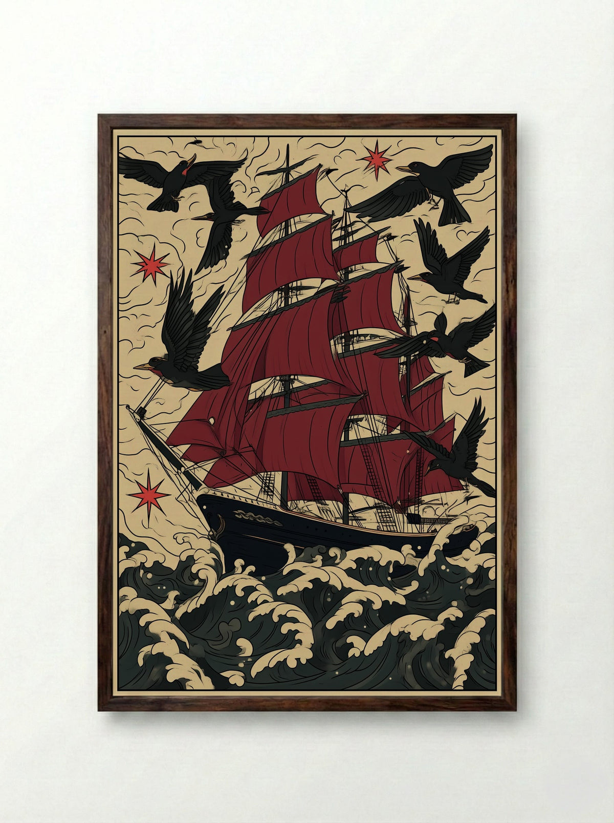 Tall Ship in Stormy Seas - Nautical Tattoo Inspired Print - Framed Print Dark Wood