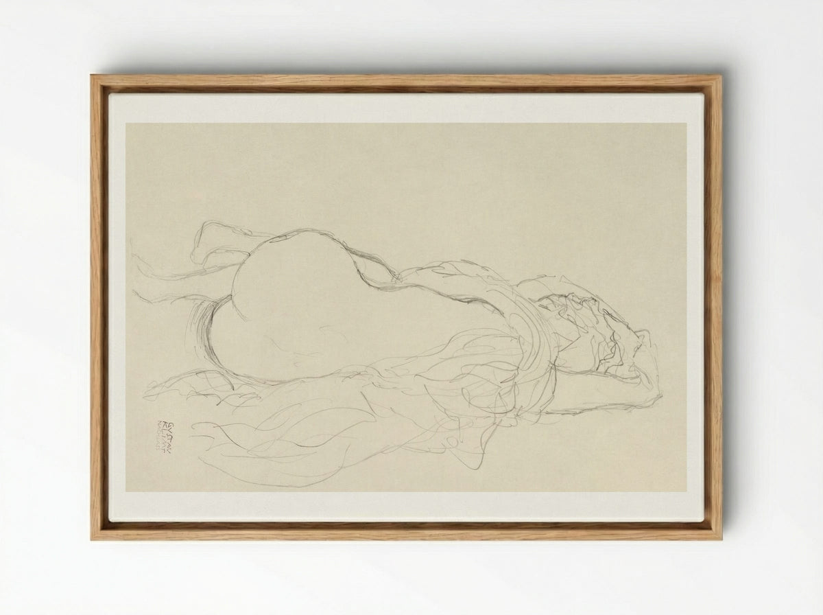 Reclining Nude with Drapery, Back View - Gustav Klimt - Framed Canvas Wood