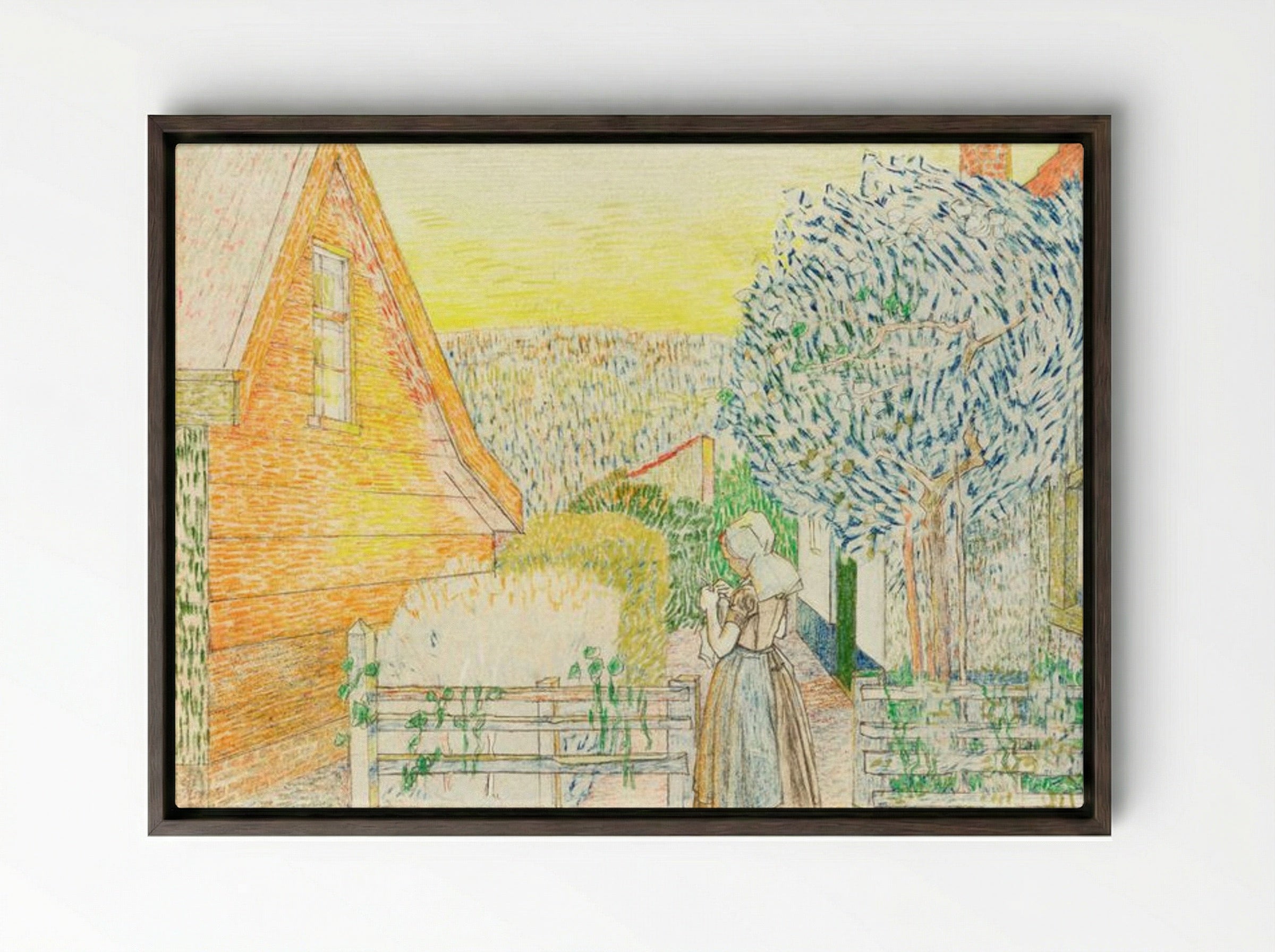 Zeeland Girl Knitting in a Courtyard - Jan Toorop - Framed Canvas Dark Wood