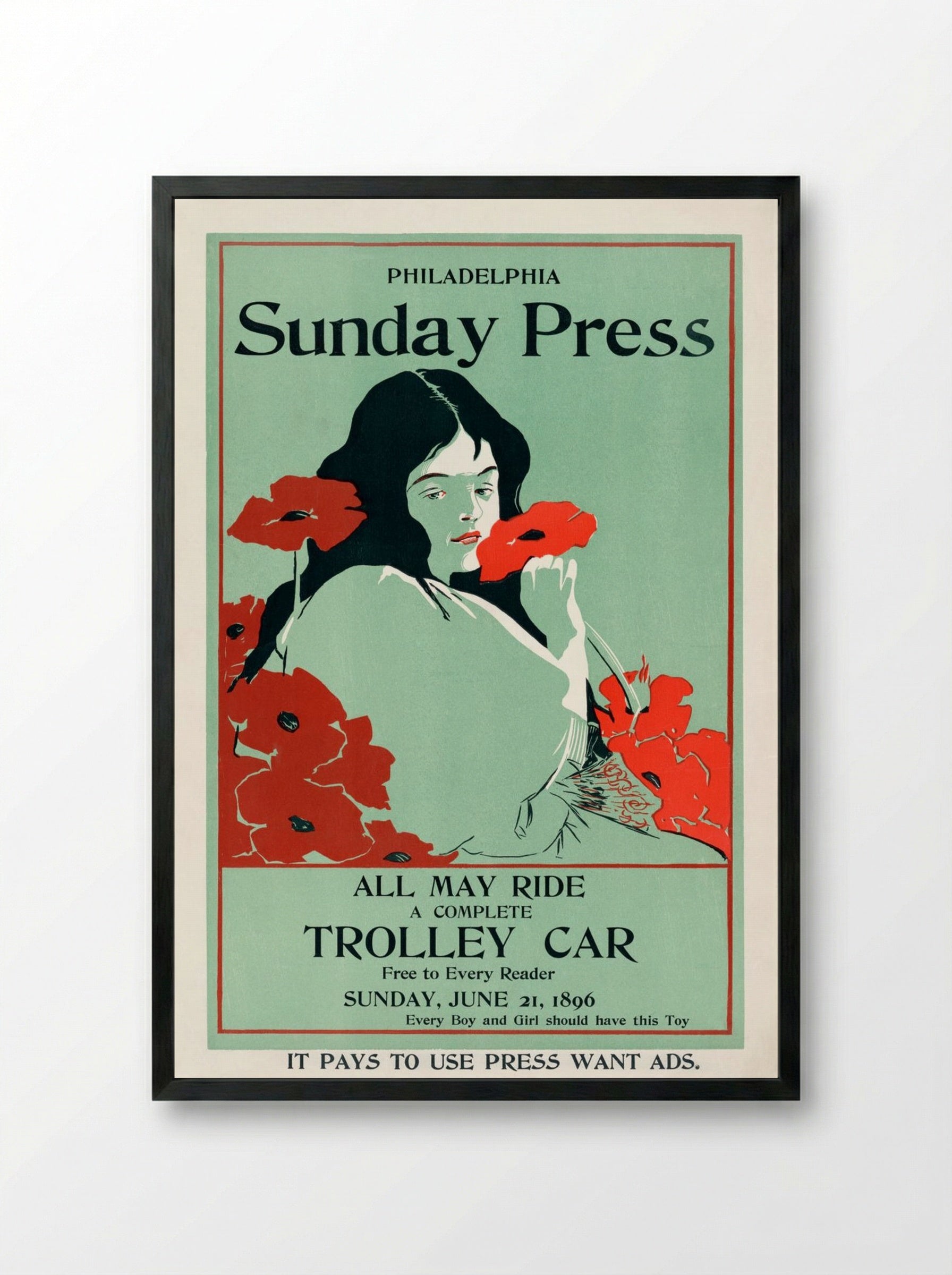 All May Ride: Philadelphia Sunday Press Trolley Car Advertisement - George Reiter Brill - Framed Print Black