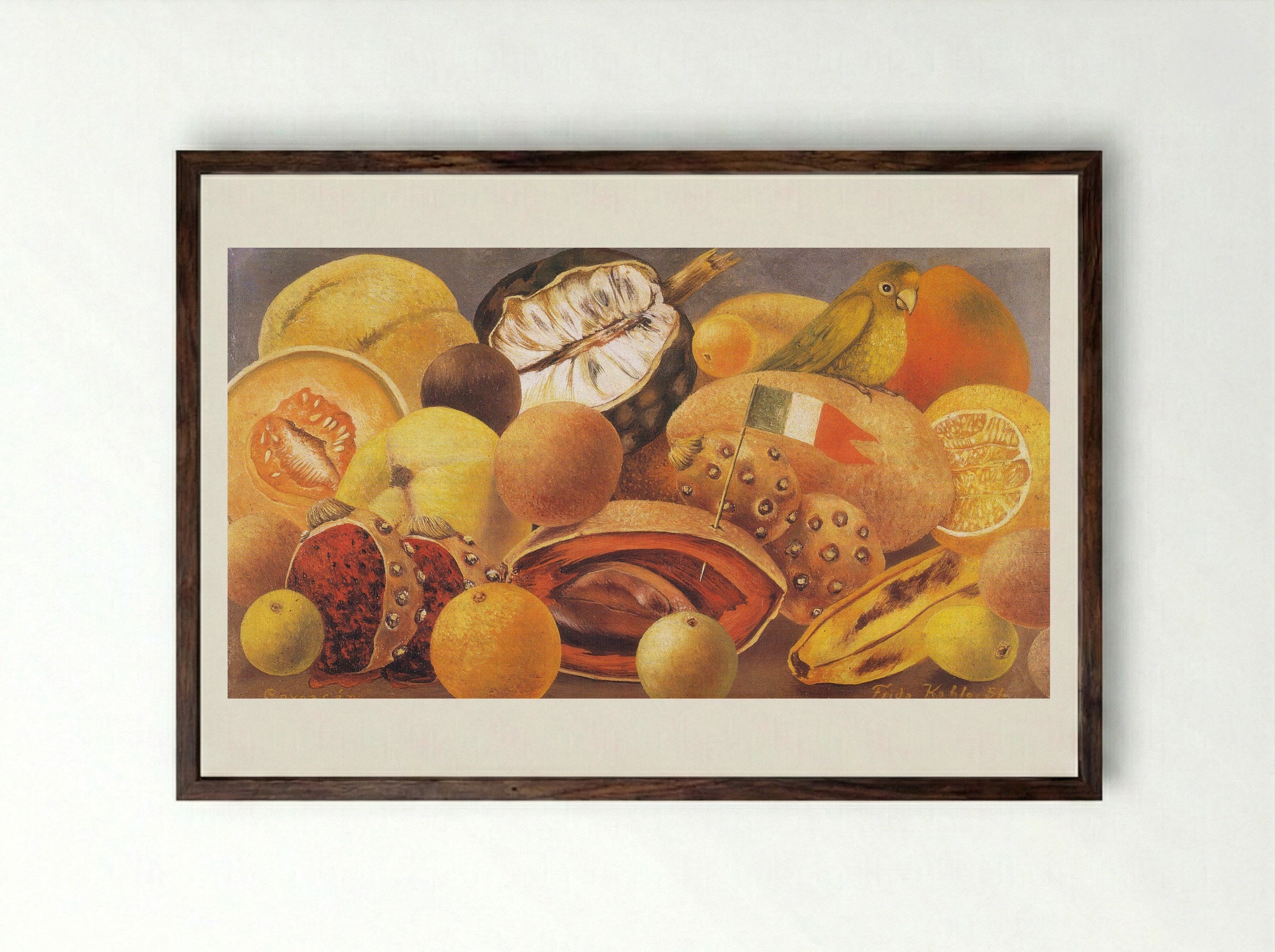 Still Life with Parrot and Flag - Frida Kahlo - Framed Print Dark Wood
