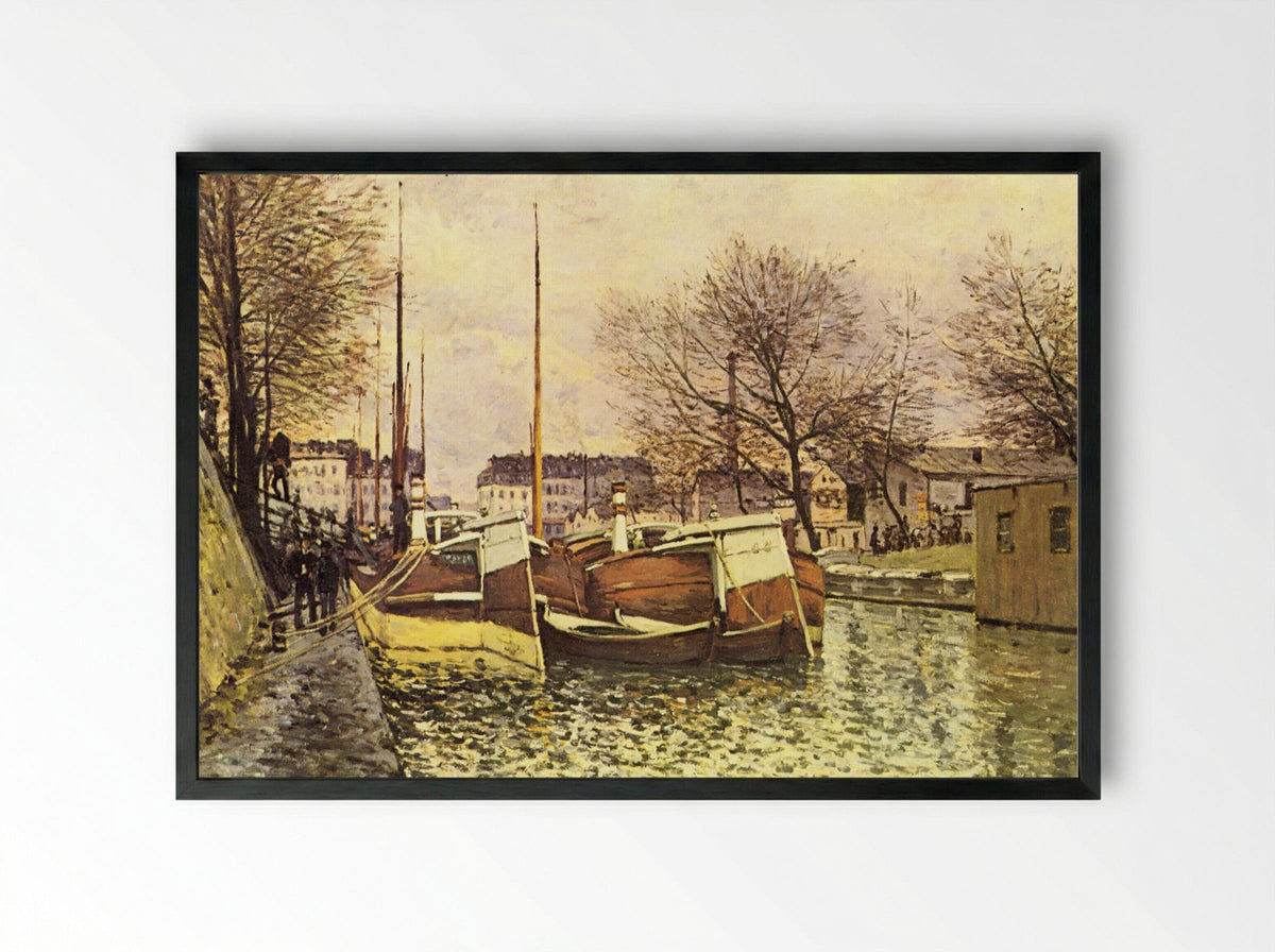 Barges on the Canal Saint-Martin, Paris - Alfred Sisley - Framed Print Black