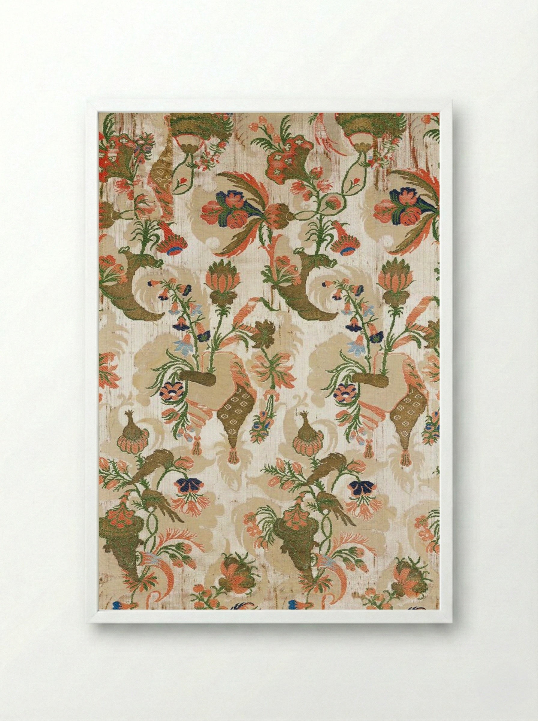 Panel (Floral and Bird Pattern, Textile Design) - Fine Art Print - Framed Print White