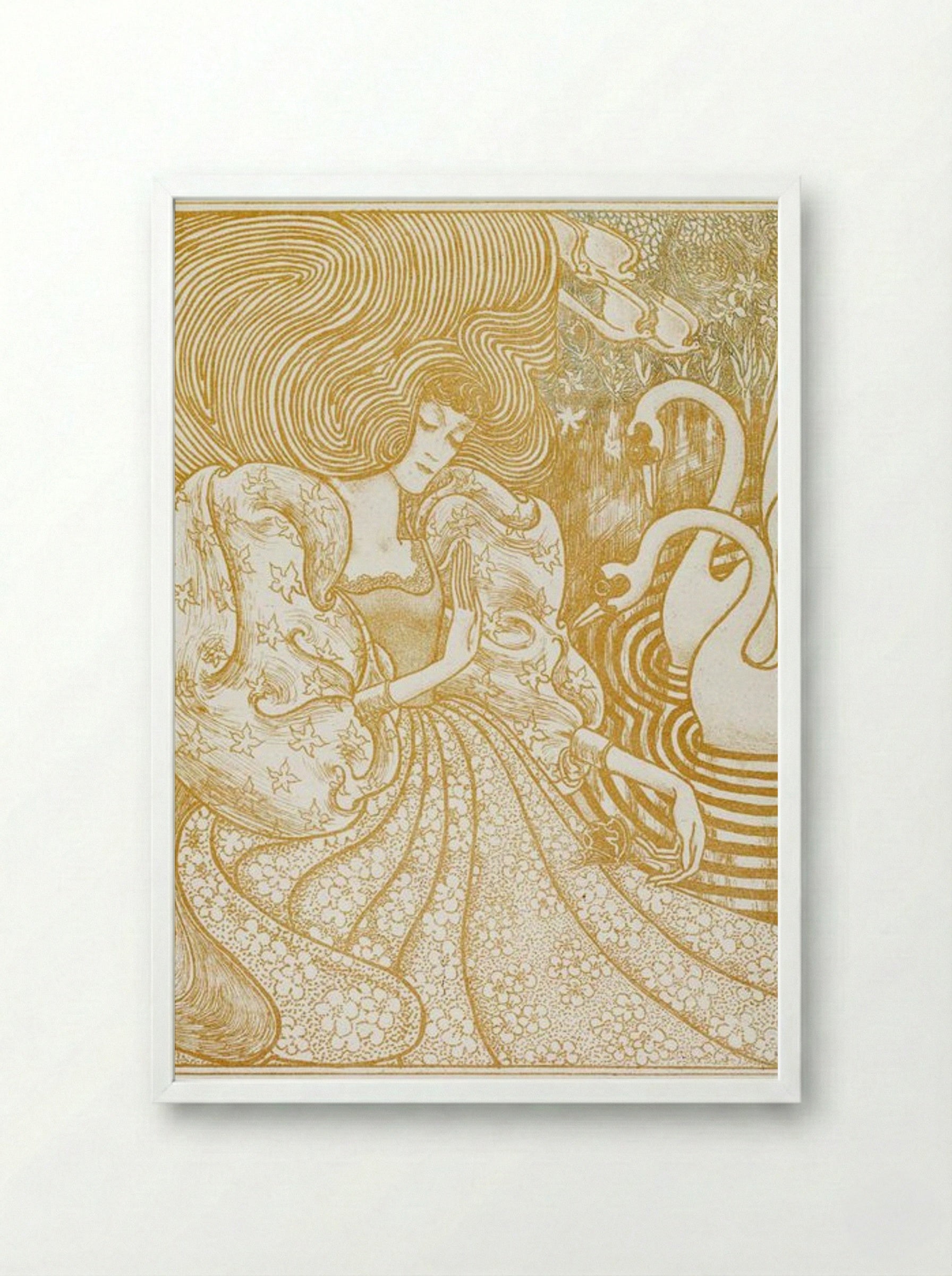 Woman with a Butterfly at a Pond with Two Swans - Jan Toorop - Framed Print White