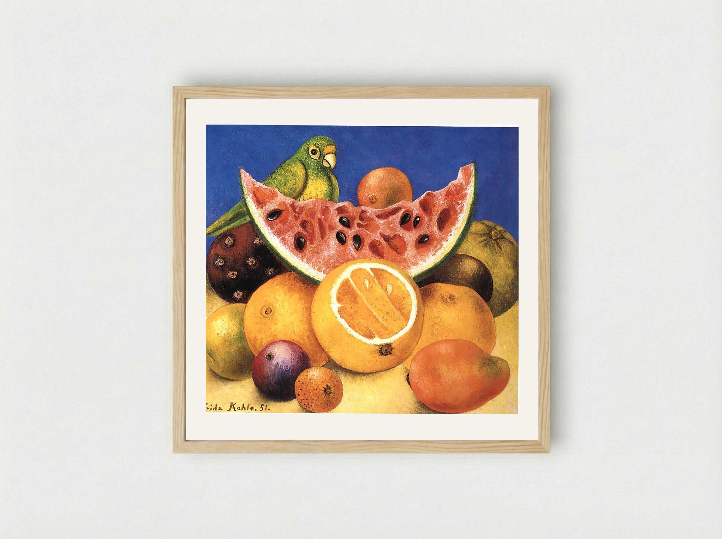 Still Life with Parrot and Fruit - Frida Kahlo - Framed Print Wood