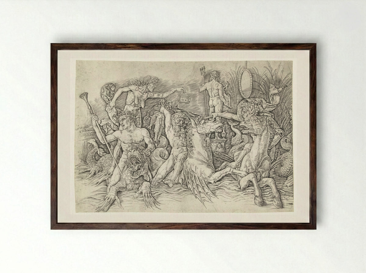 Combat of the Sea Gods - Andrea Mantegna - Framed Print Dark Wood