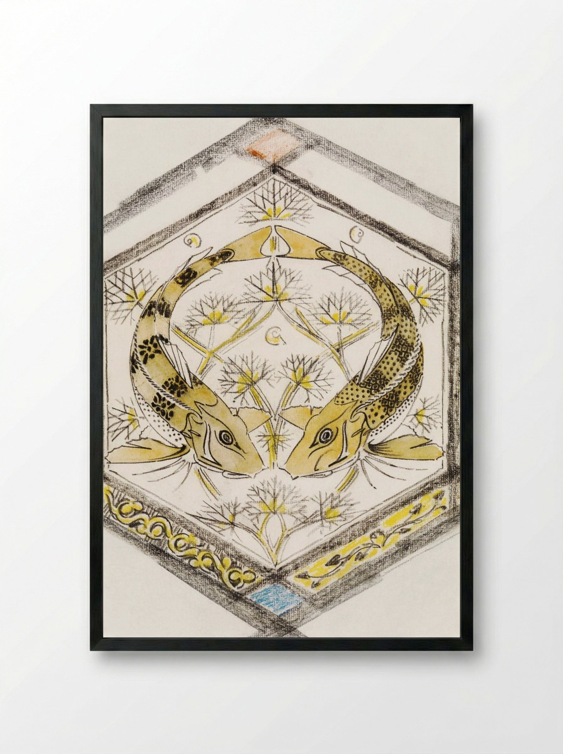 Decorative Design with Two Fish in a Hexagon - Gerrit Willem Dijsselhof - Framed Print Black