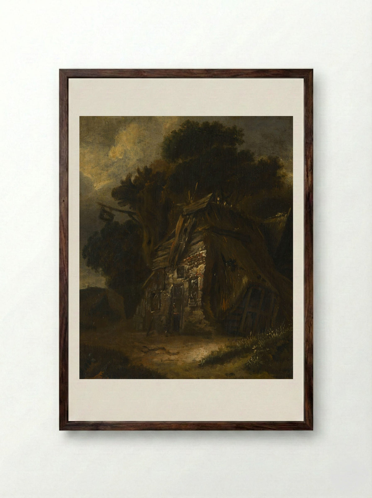 Thatched Hut in Landscape - Fine Art Print - Framed Print Dark Wood