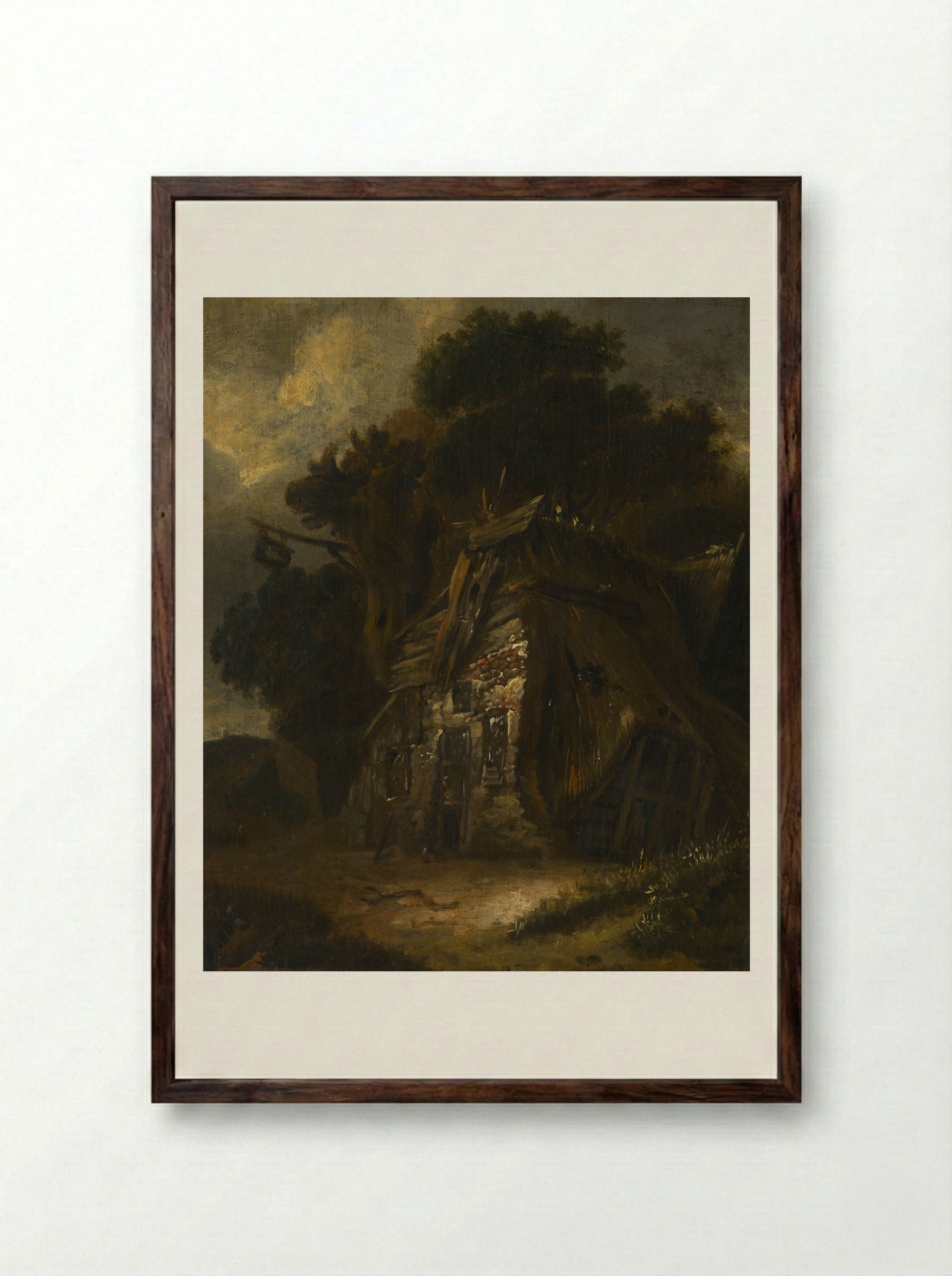 Thatched Hut in Landscape - Fine Art Print - Framed Print Dark Wood