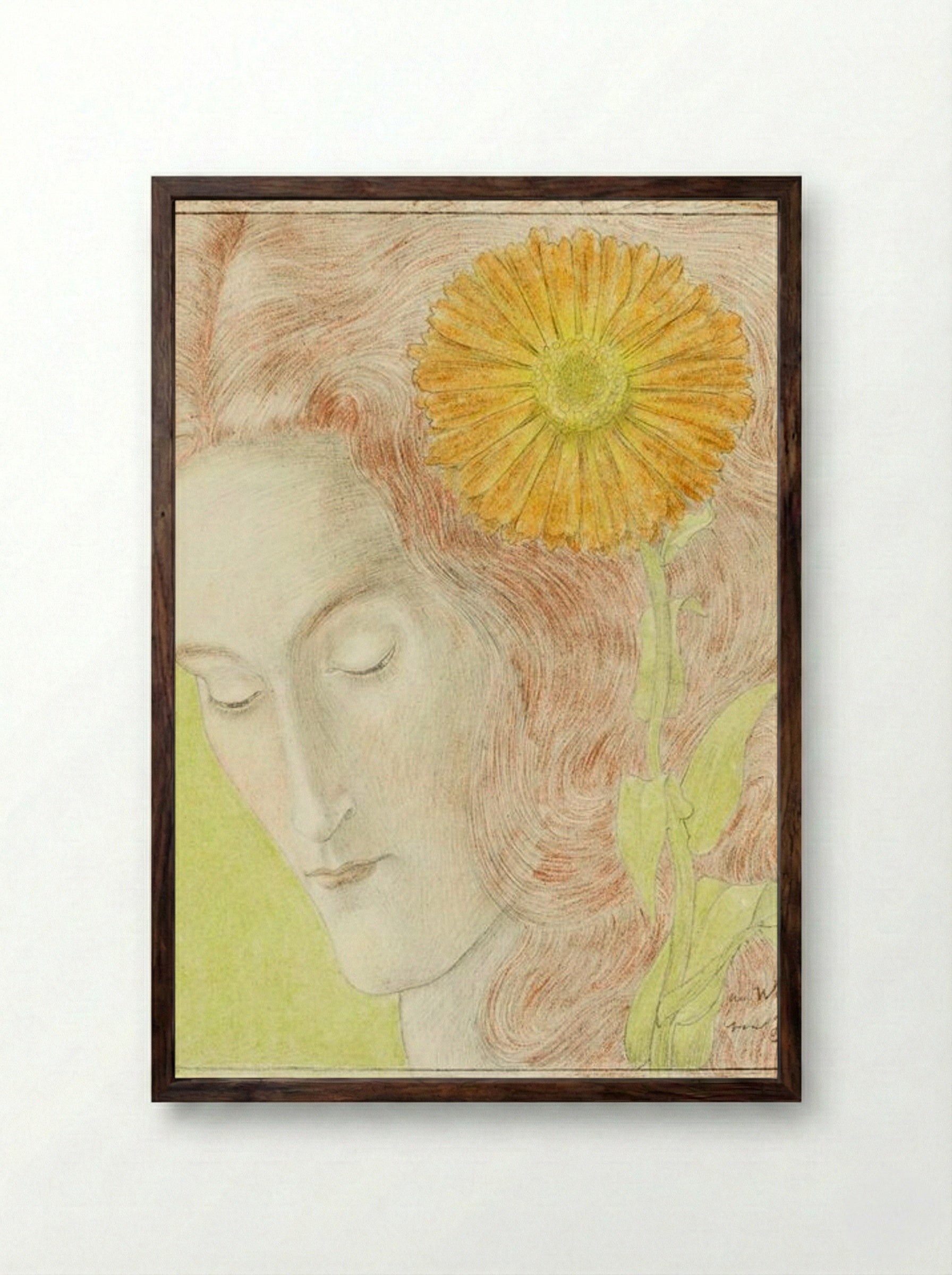 Woman's Head with Red Hair and Chrysanthemum - Jan Toorop - Framed Print Dark Wood